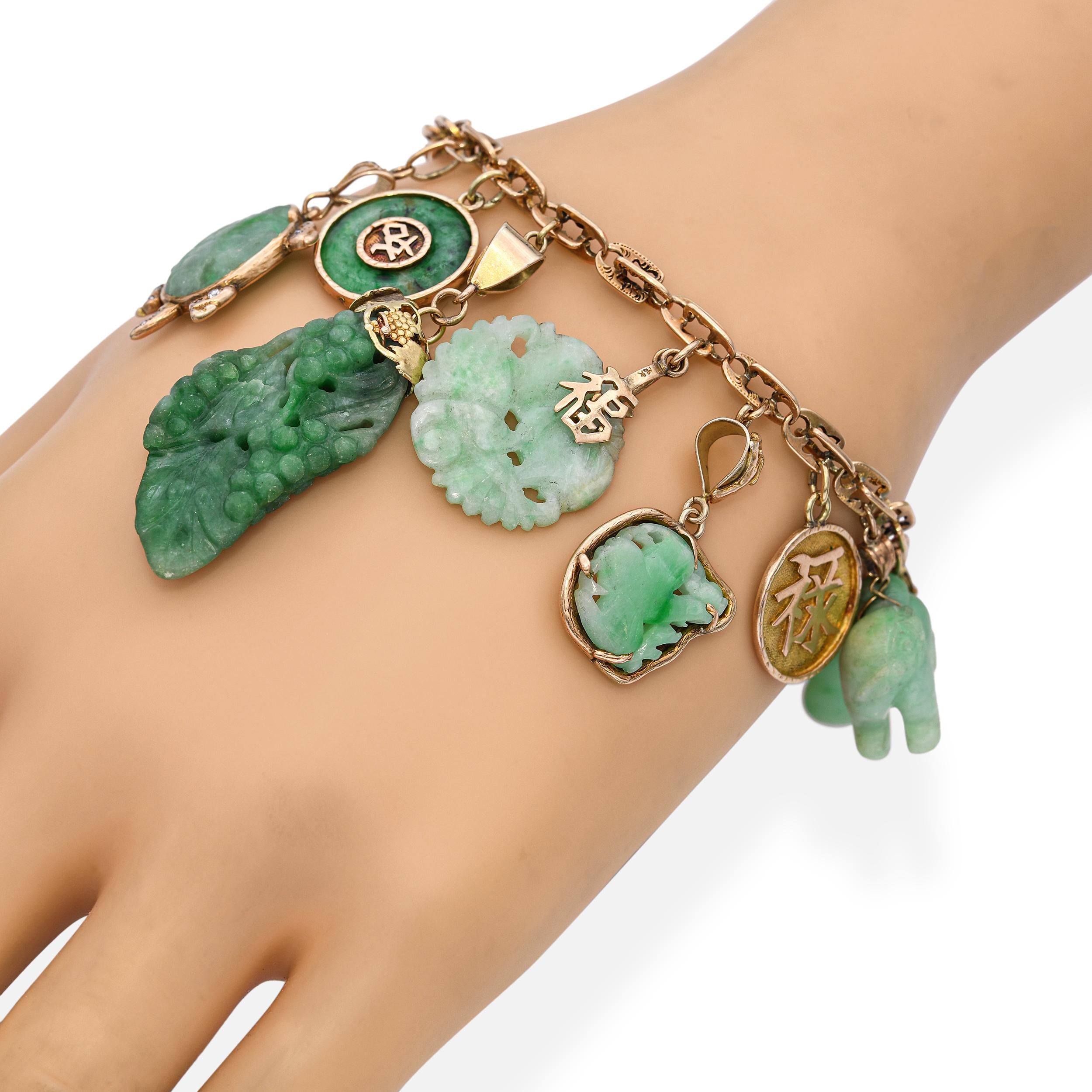 Vintage Yellow Gold Green Jade Charm Bracelet