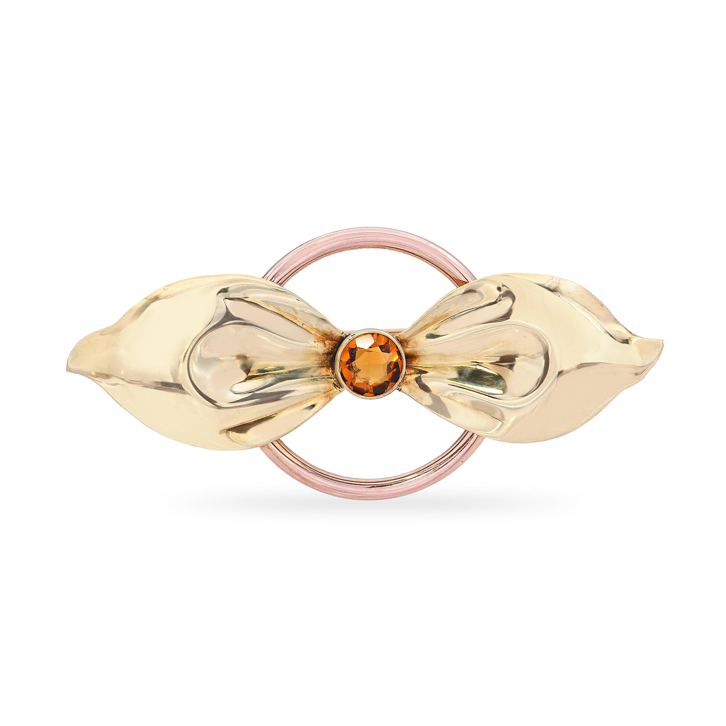 Vintage Tiffany & Co. 14k Yellow and Rose Gold Citrine Bow Brooch
