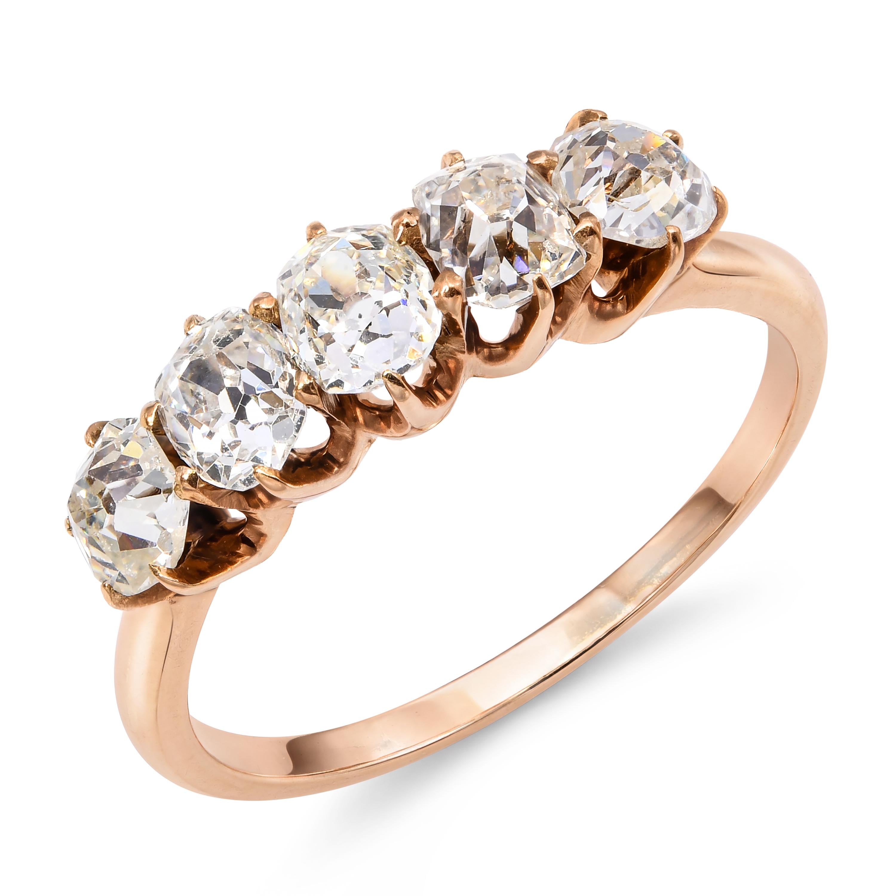 Antique 14k Yellow Gold 0.85tcw Old Mine Cut Diamond Five Stone Half Band Ring