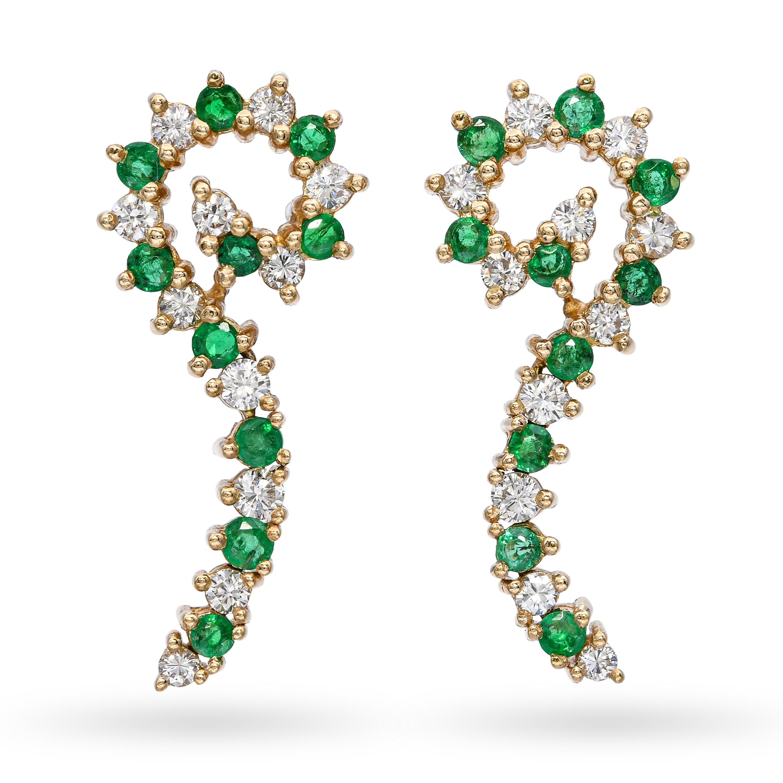Vintage 14k Yellow Gold Diamond and Emerald Spiral Earrings