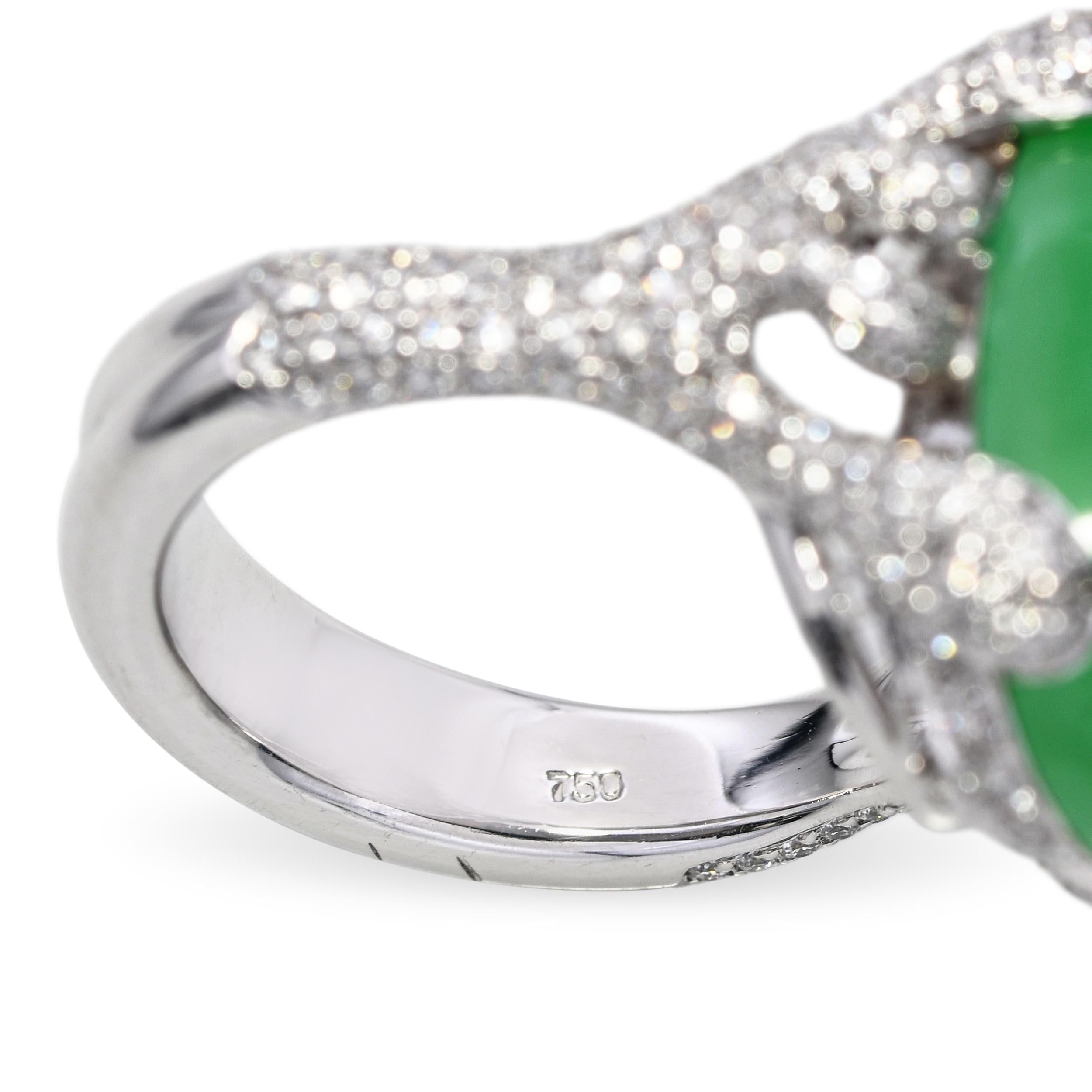 Important 18K White Gold 22ct Burmese Type A Apple Green Jadeite Cabochon Ring