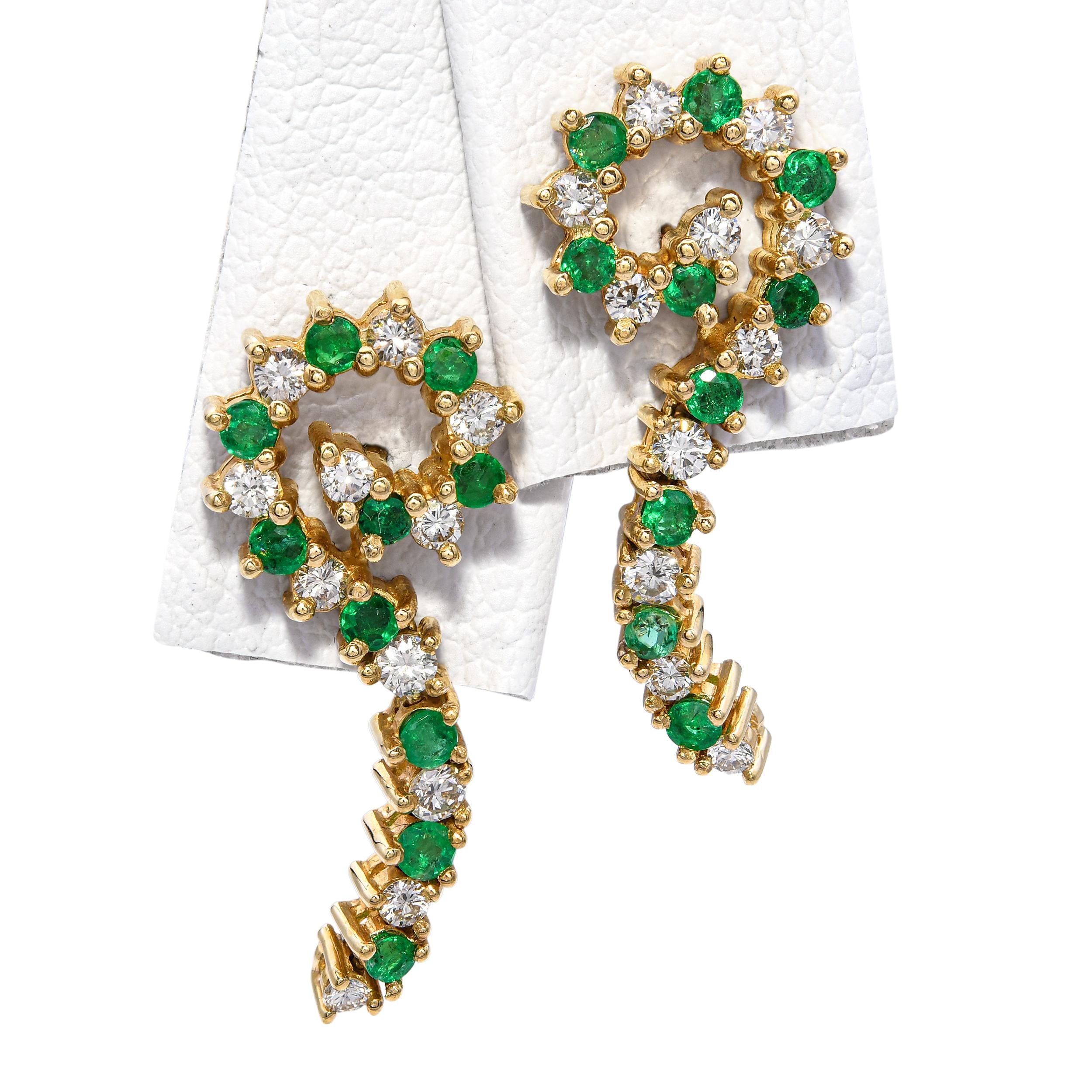 Vintage 14k Yellow Gold Diamond and Emerald Spiral Earrings