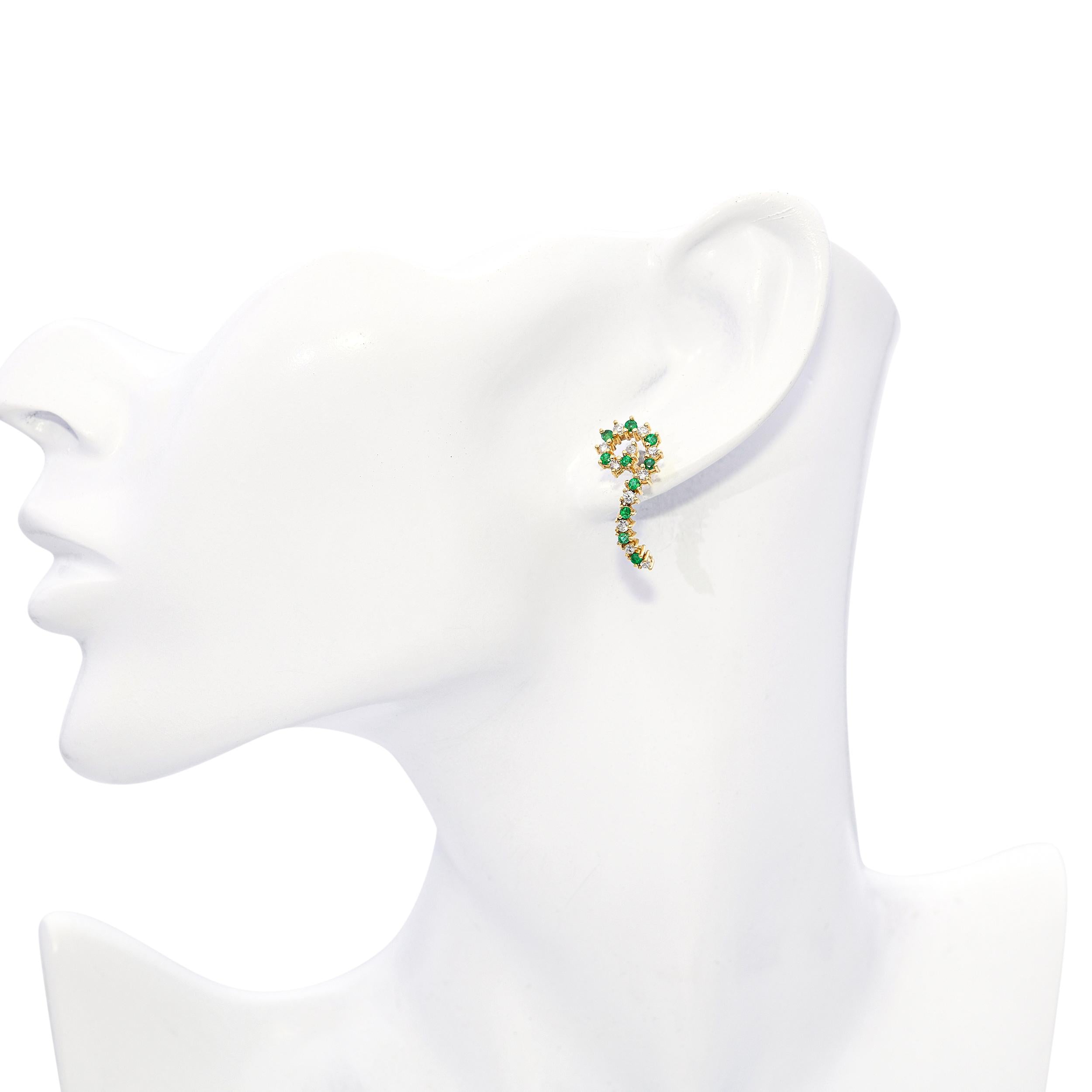 Vintage 14k Yellow Gold Diamond and Emerald Spiral Earrings