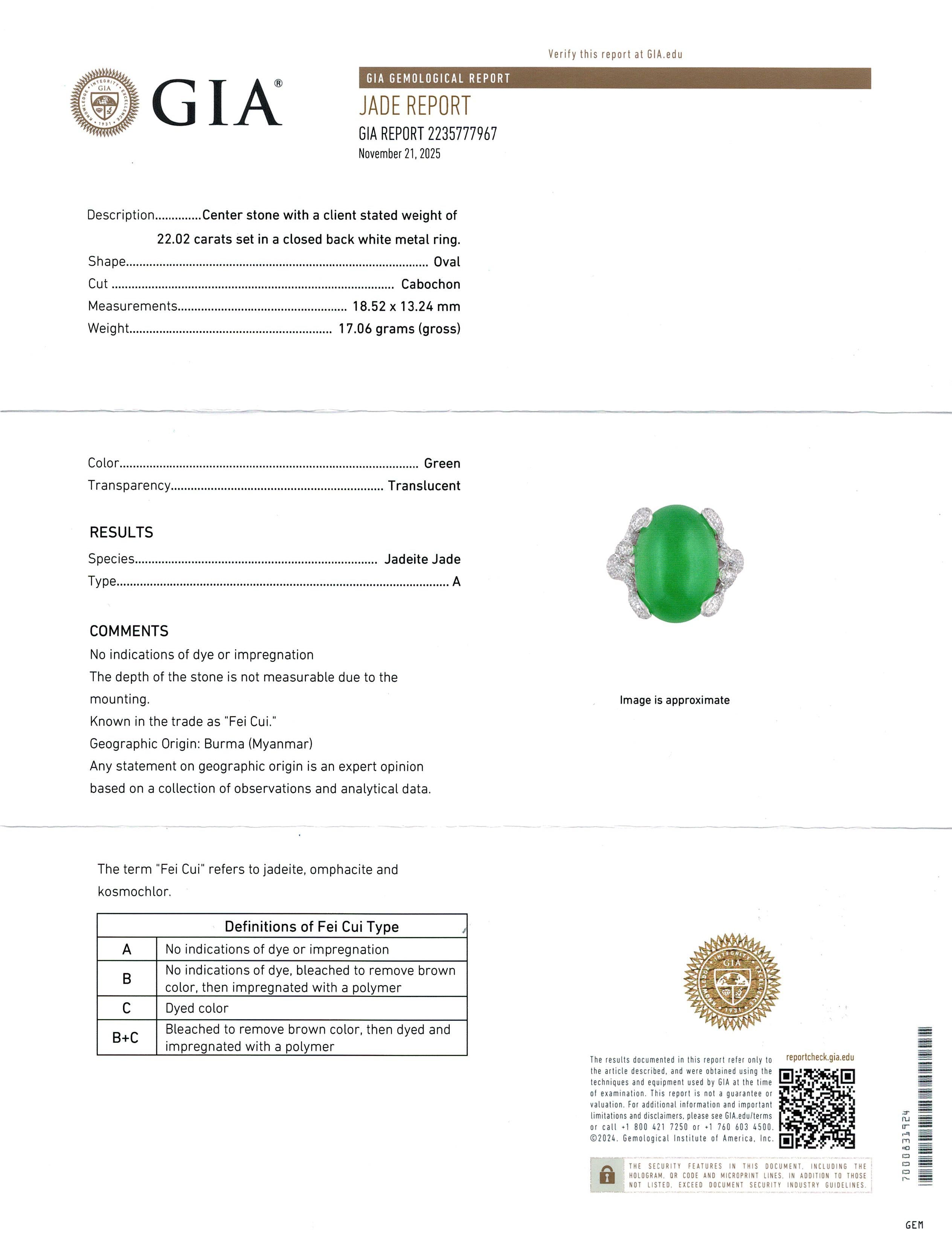 Important 18K White Gold 22ct Burmese Type A Apple Green Jadeite Cabochon Ring