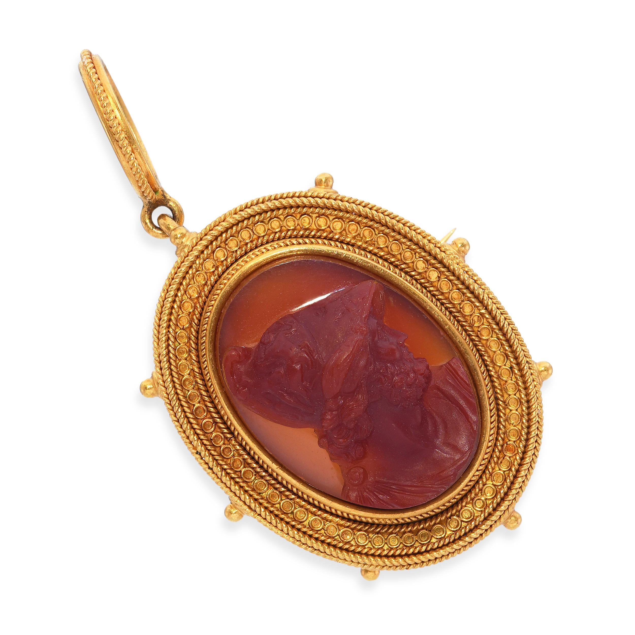 Antique Etruscan Revival 22k Yellow Gold Carnelian Cameo Brooch Pendant