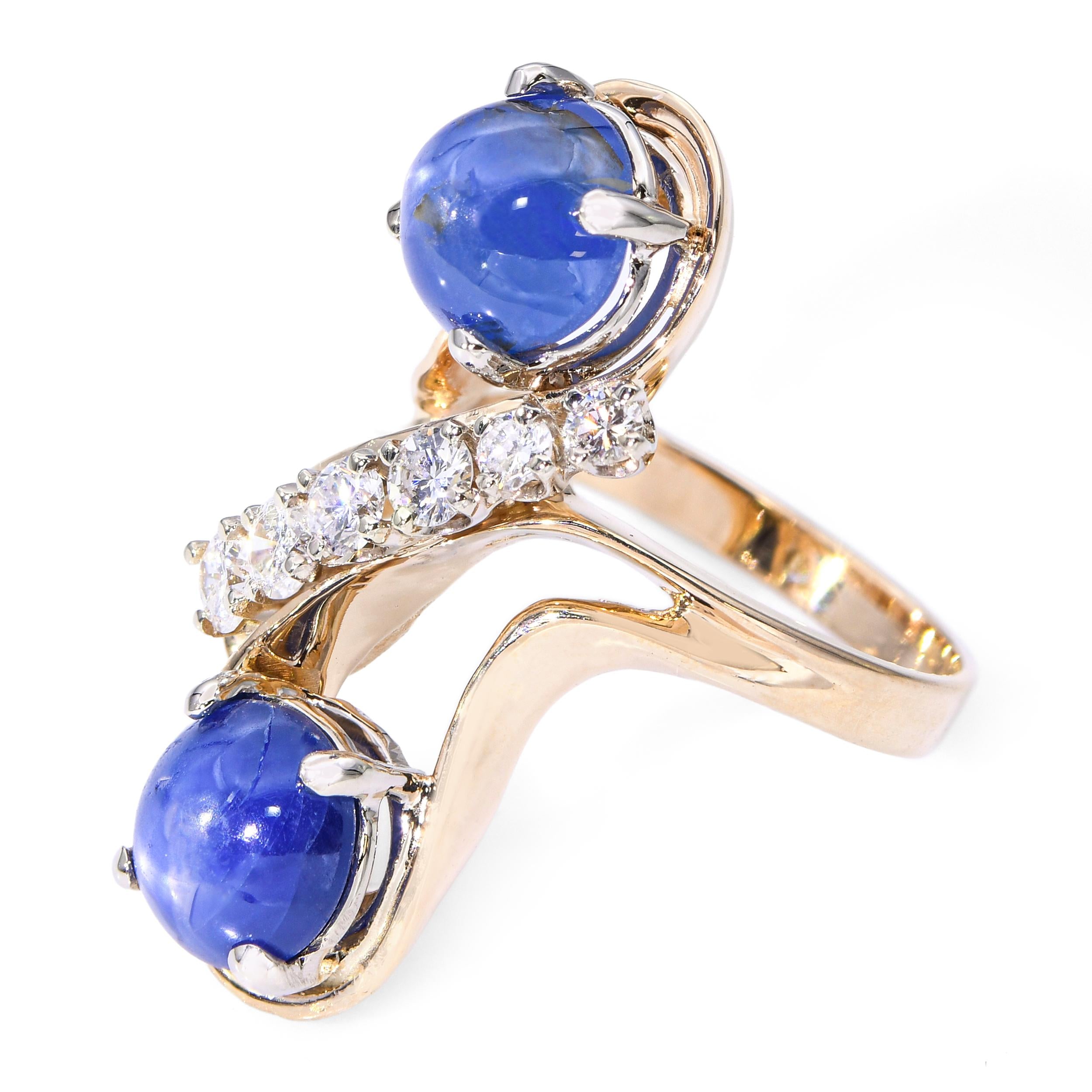 Vintage 14k Yellow Gold 8.2tcw Star Sapphire and Diamond Bypass Ring