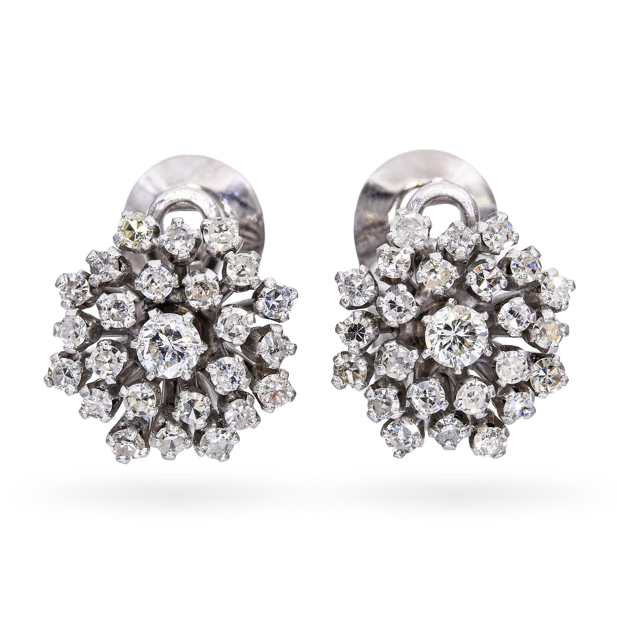 Vintage 10k White Gold 1.02tcw Diamond Cluster Earrings