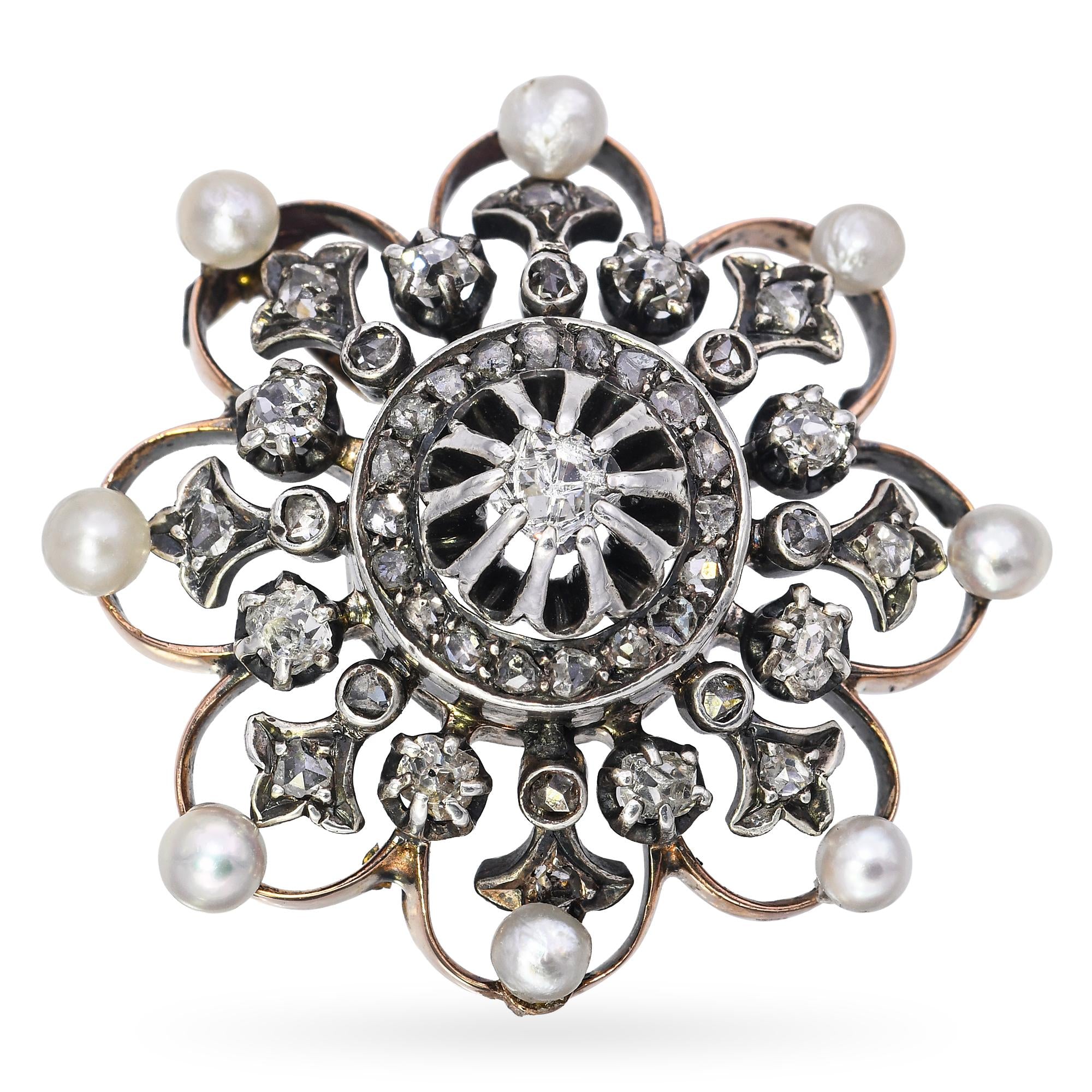 Antique Victorian Rose Gold and Sterling Silver Diamond Natural Pearl Pendant