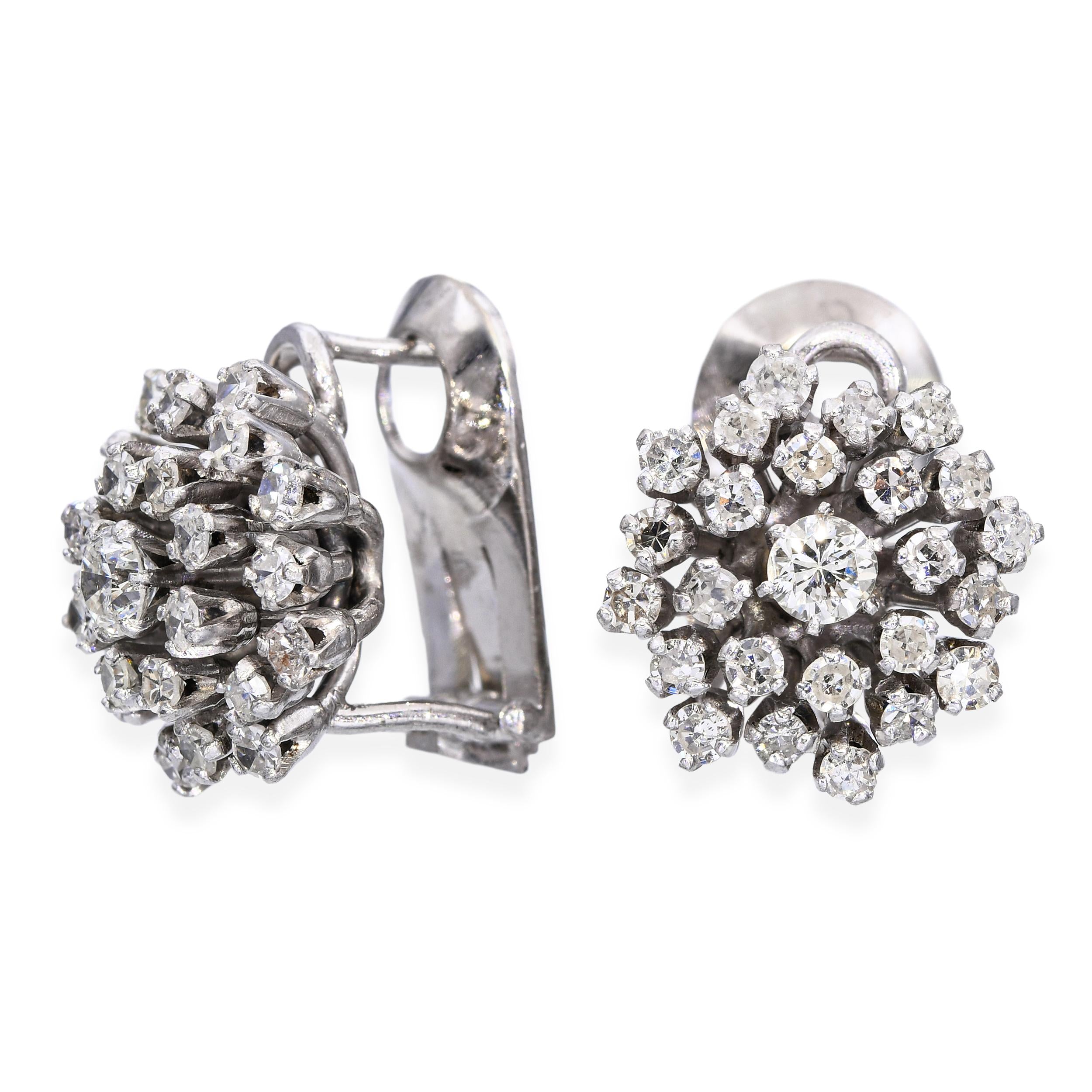 Vintage 10k White Gold 1.02tcw Diamond Cluster Earrings