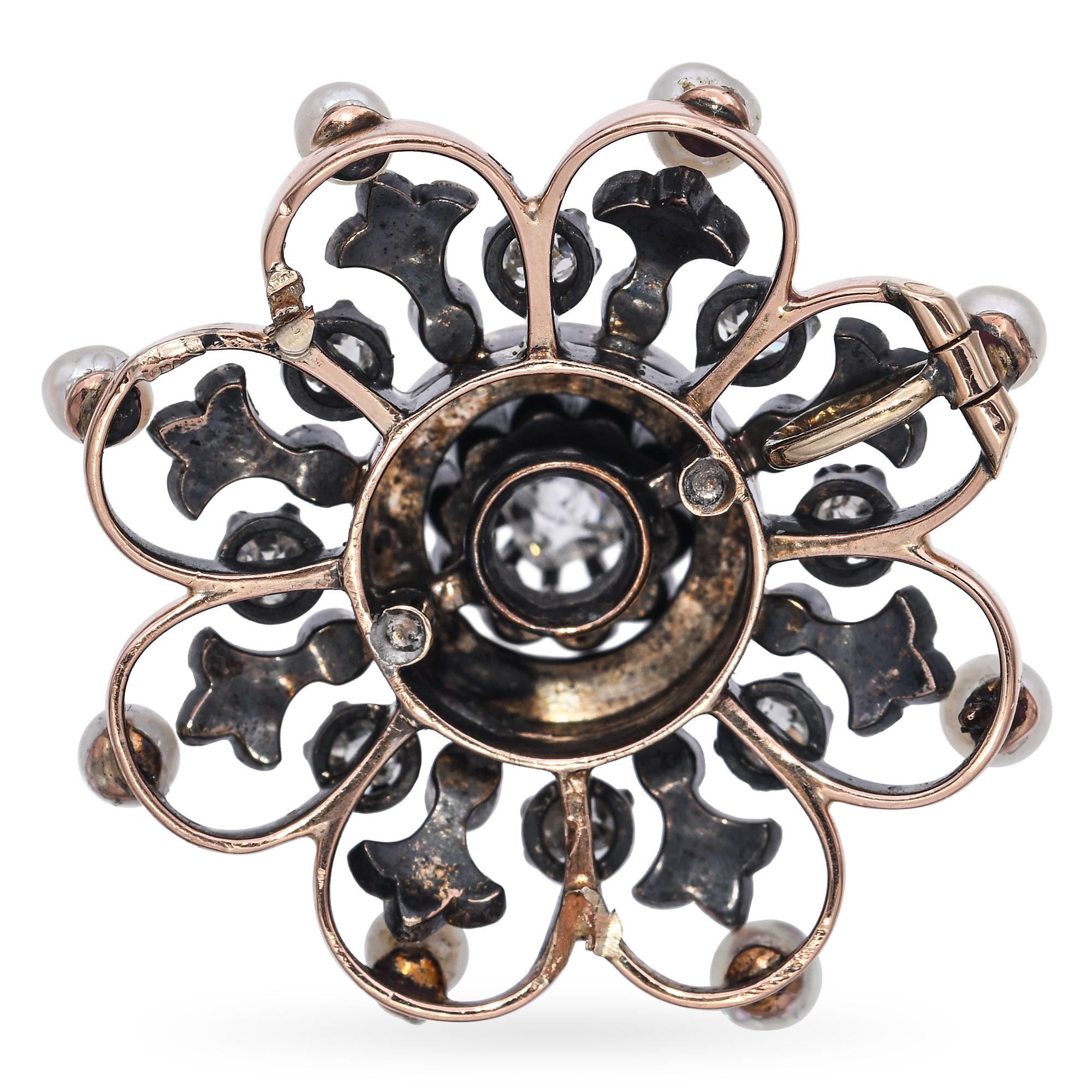 Antique Victorian Rose Gold and Sterling Silver Diamond Natural Pearl Pendant