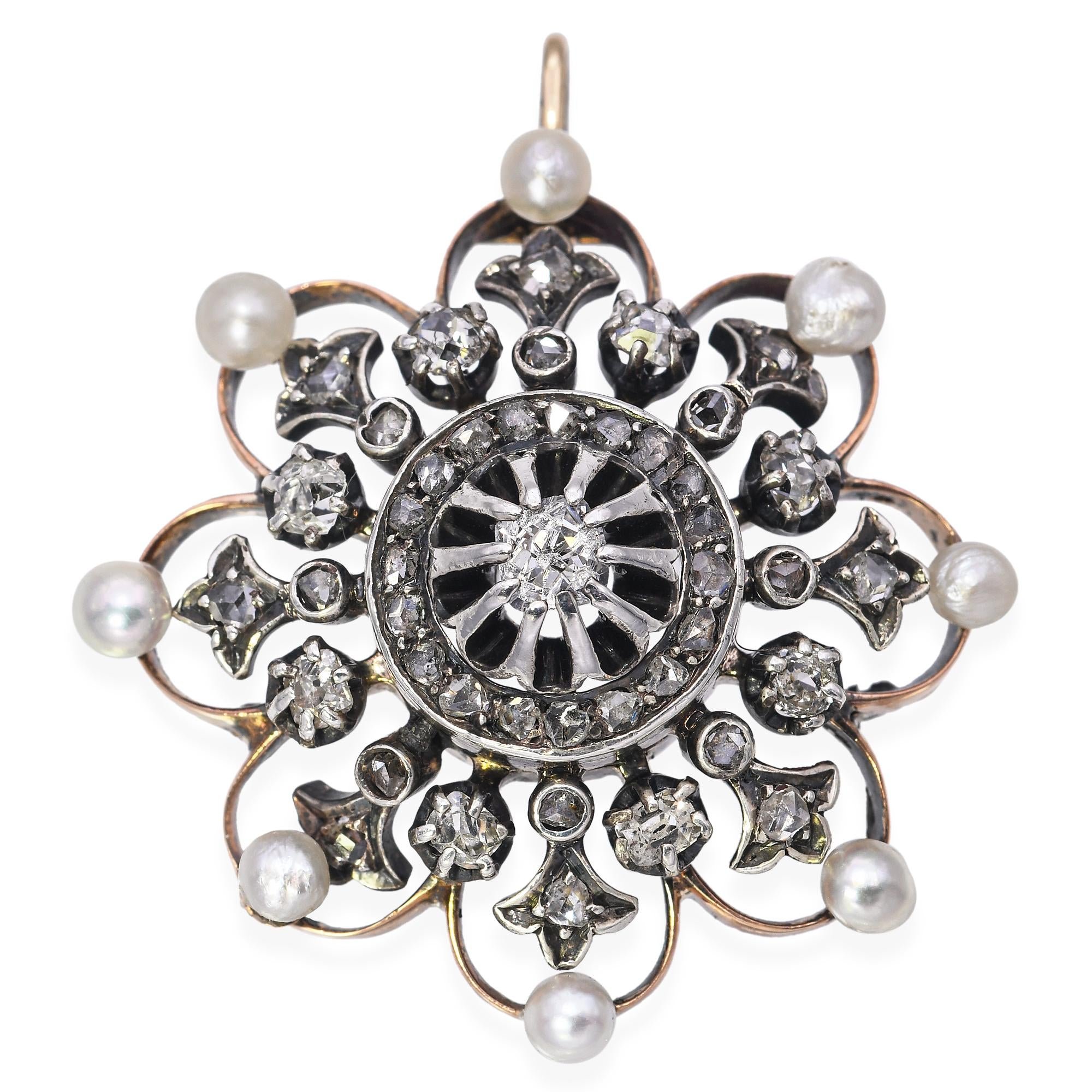 Antique Victorian Rose Gold and Sterling Silver Diamond Natural Pearl Pendant