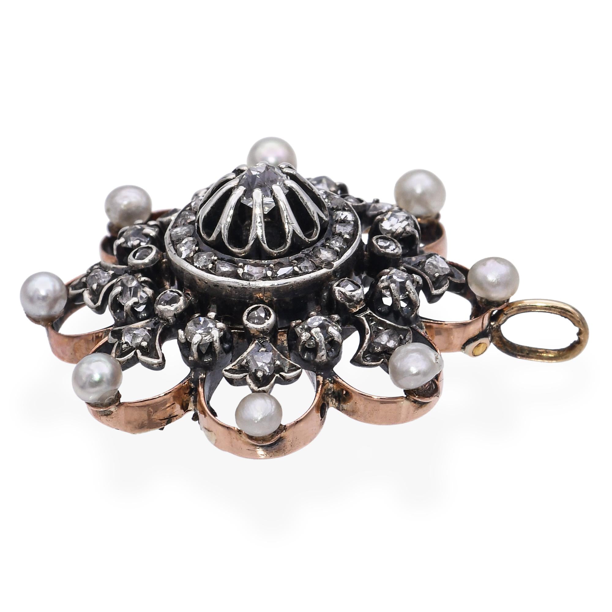 Antique Victorian Rose Gold and Sterling Silver Diamond Natural Pearl Pendant