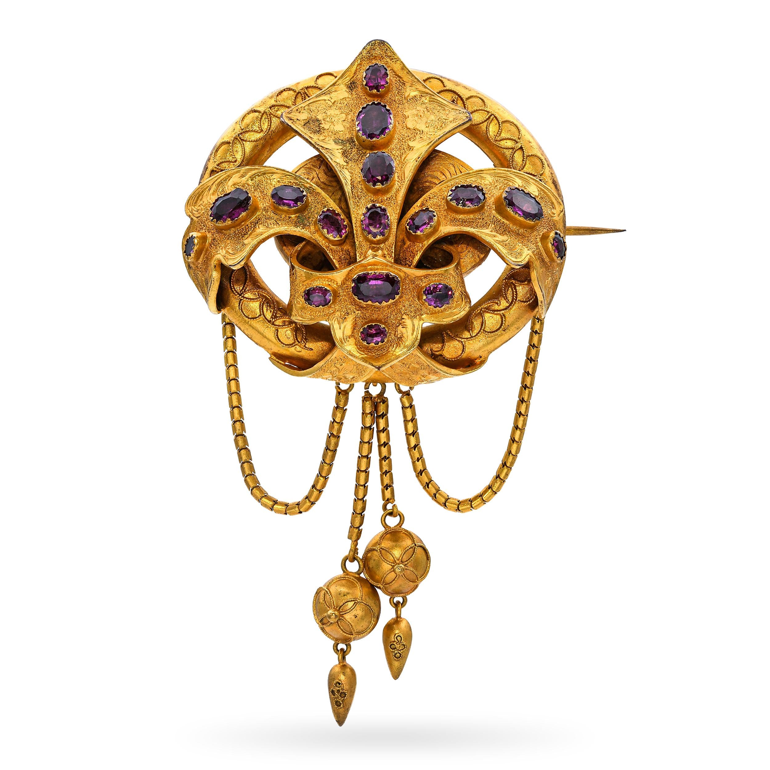 Antique Yellow Gold Filled Fleur-De-Lis Amethyst Mourning Brooch