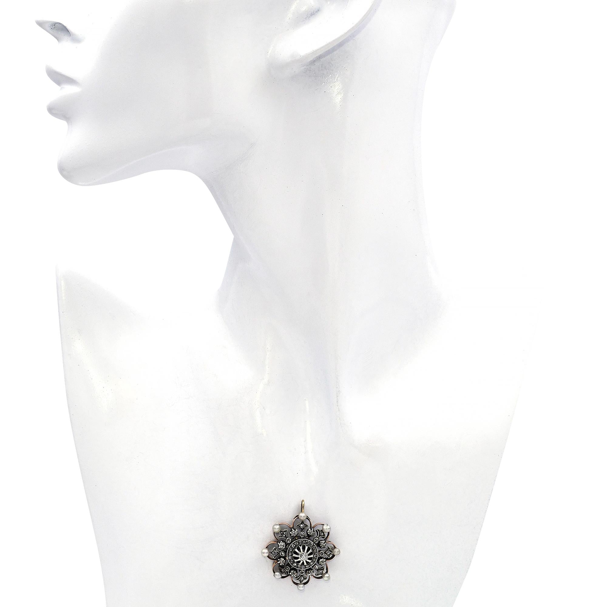 Antique Victorian Rose Gold and Sterling Silver Diamond Natural Pearl Pendant