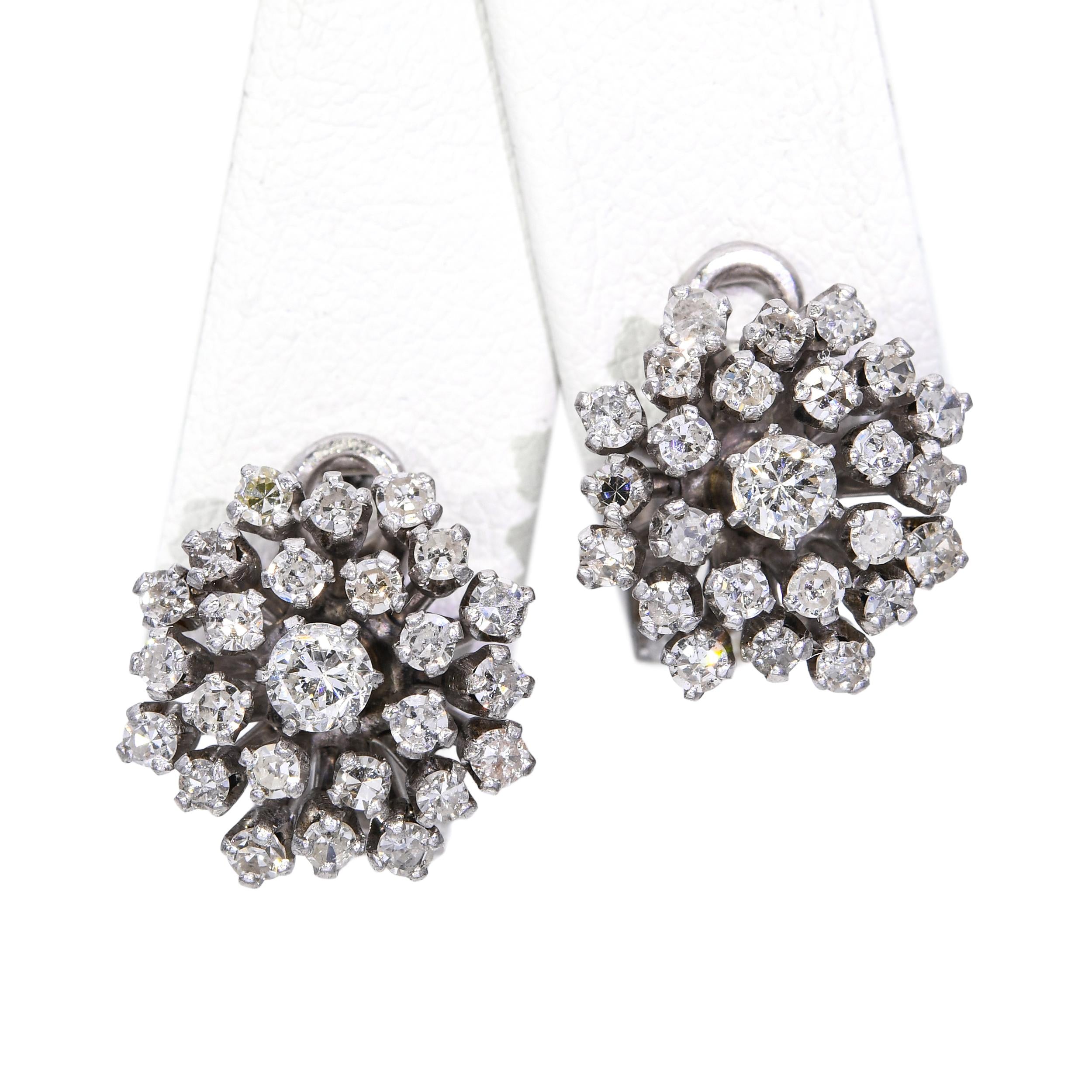 Vintage 10k White Gold 1.02tcw Diamond Cluster Earrings