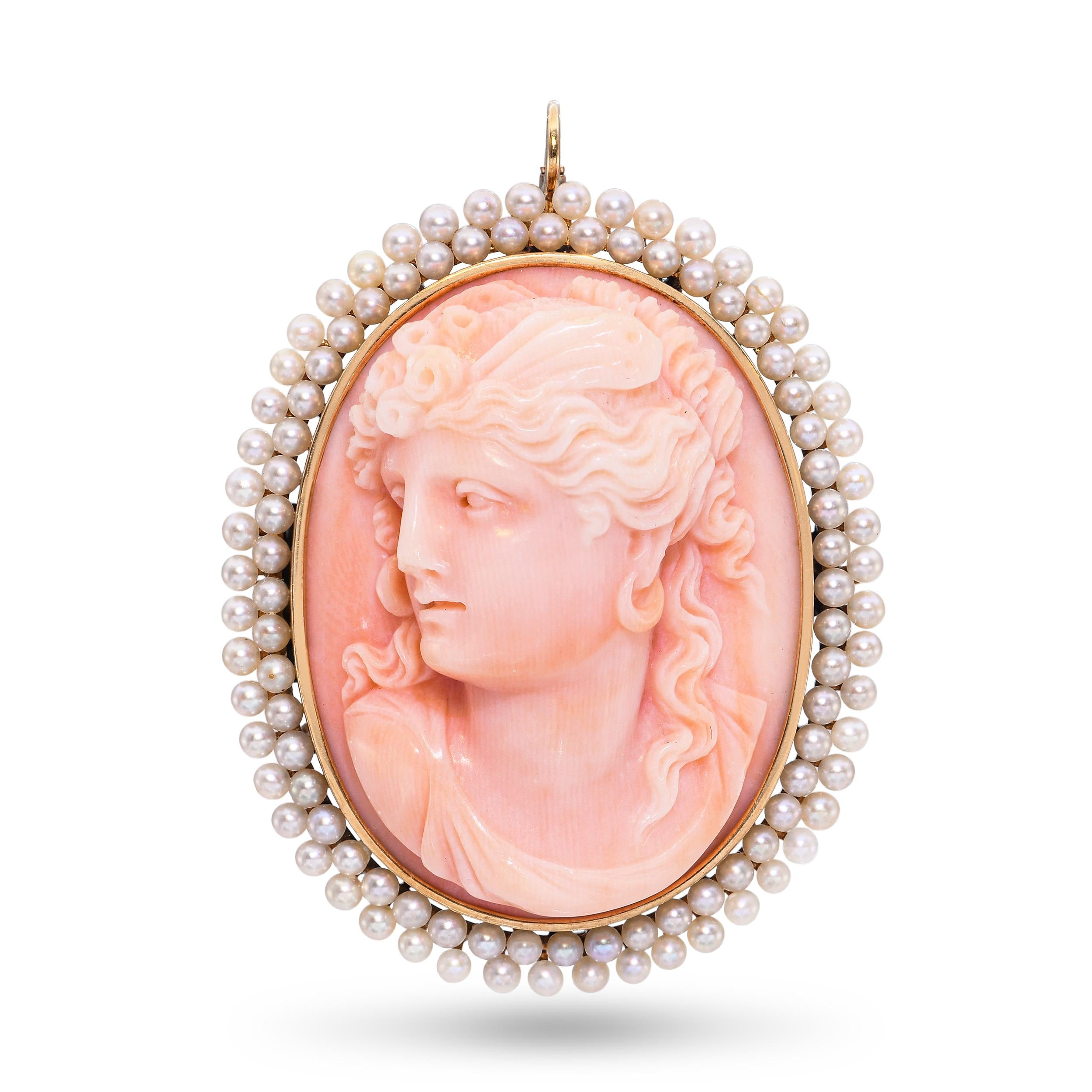 Antique Yellow Gold Coral Cameo and Pearl Pendant Brooch