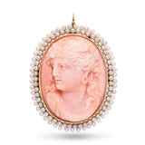 Antique Yellow Gold Coral Cameo and Pearl Pendant Brooch