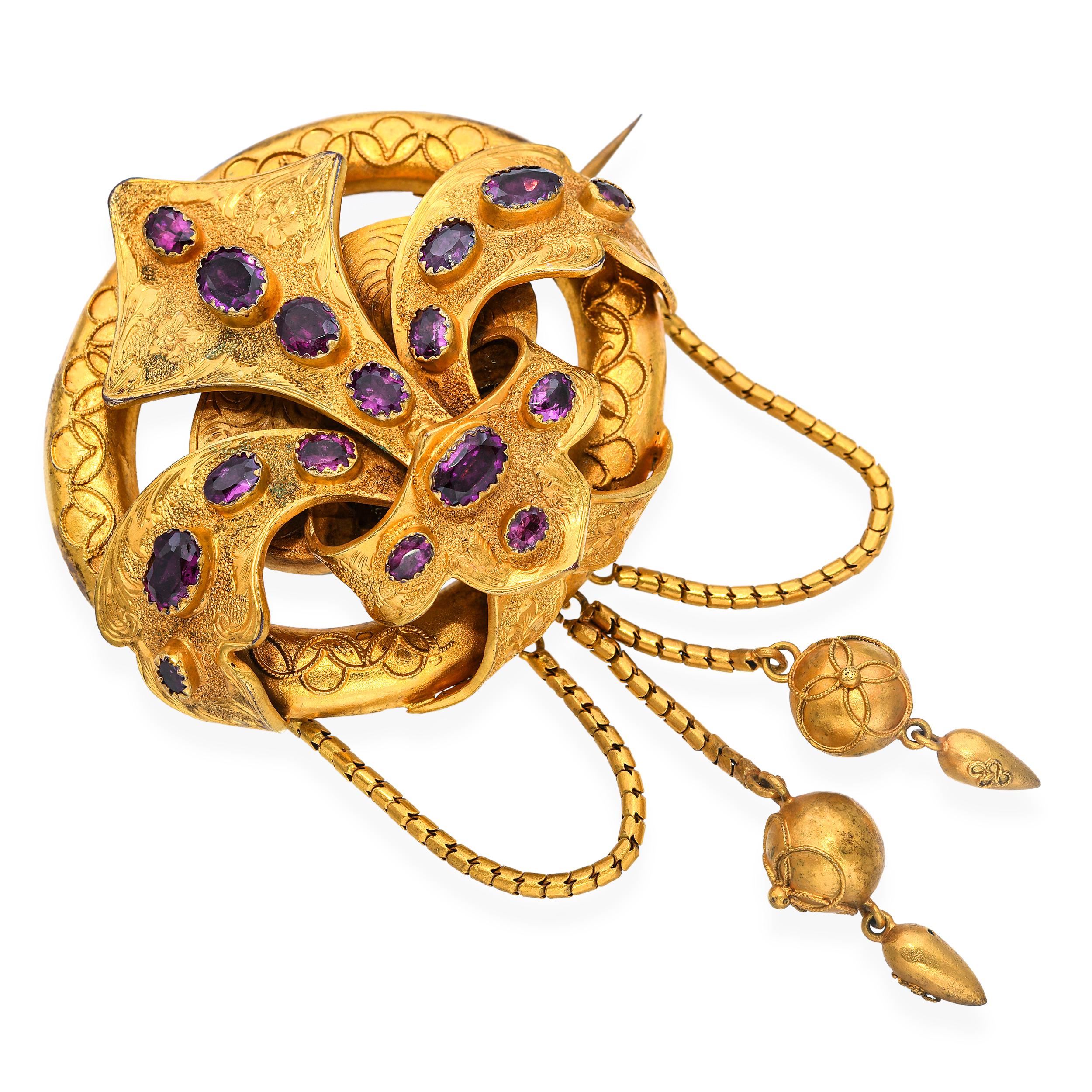 Antique Yellow Gold Filled Fleur-De-Lis Amethyst Mourning Brooch