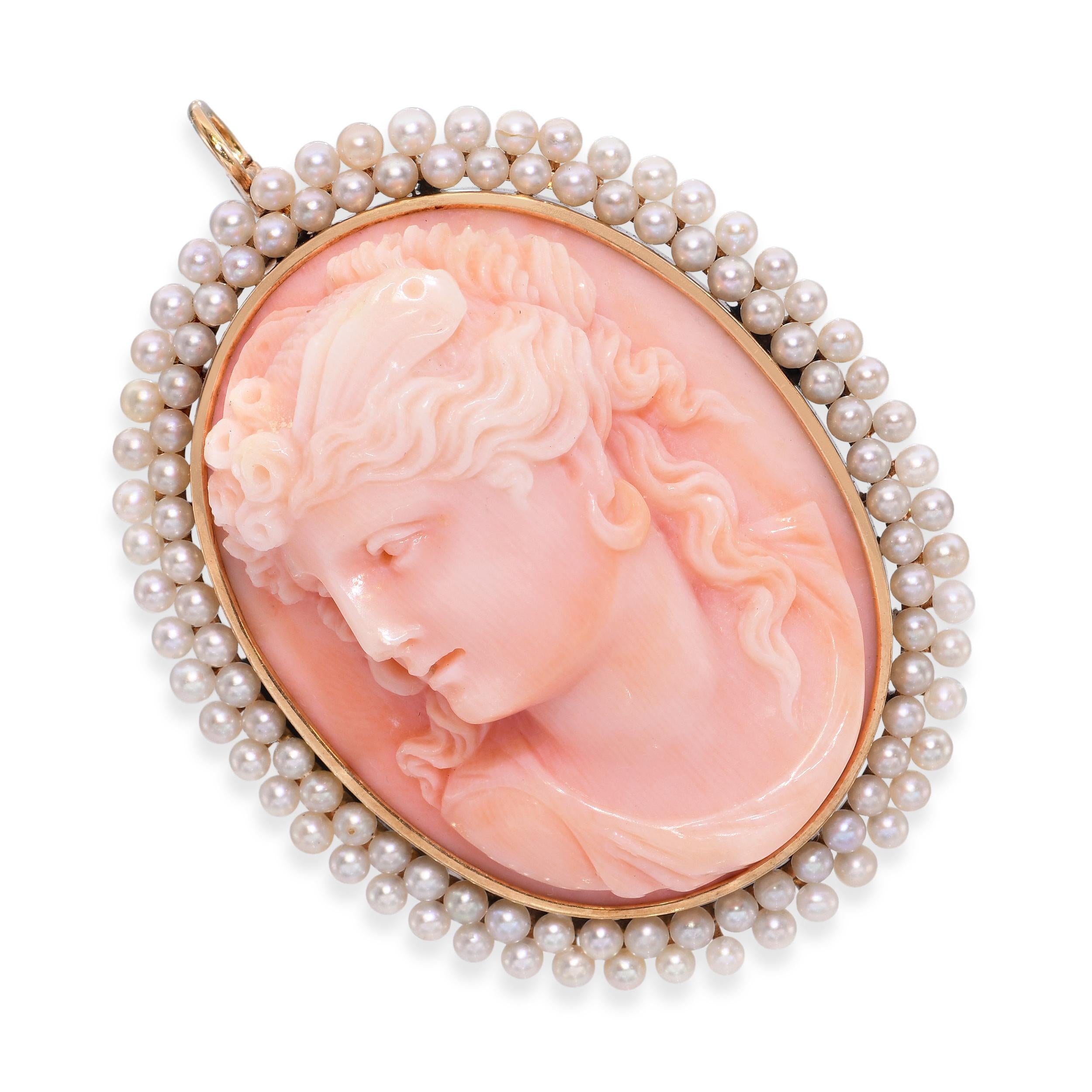 Antique Yellow Gold Coral Cameo and Pearl Pendant Brooch