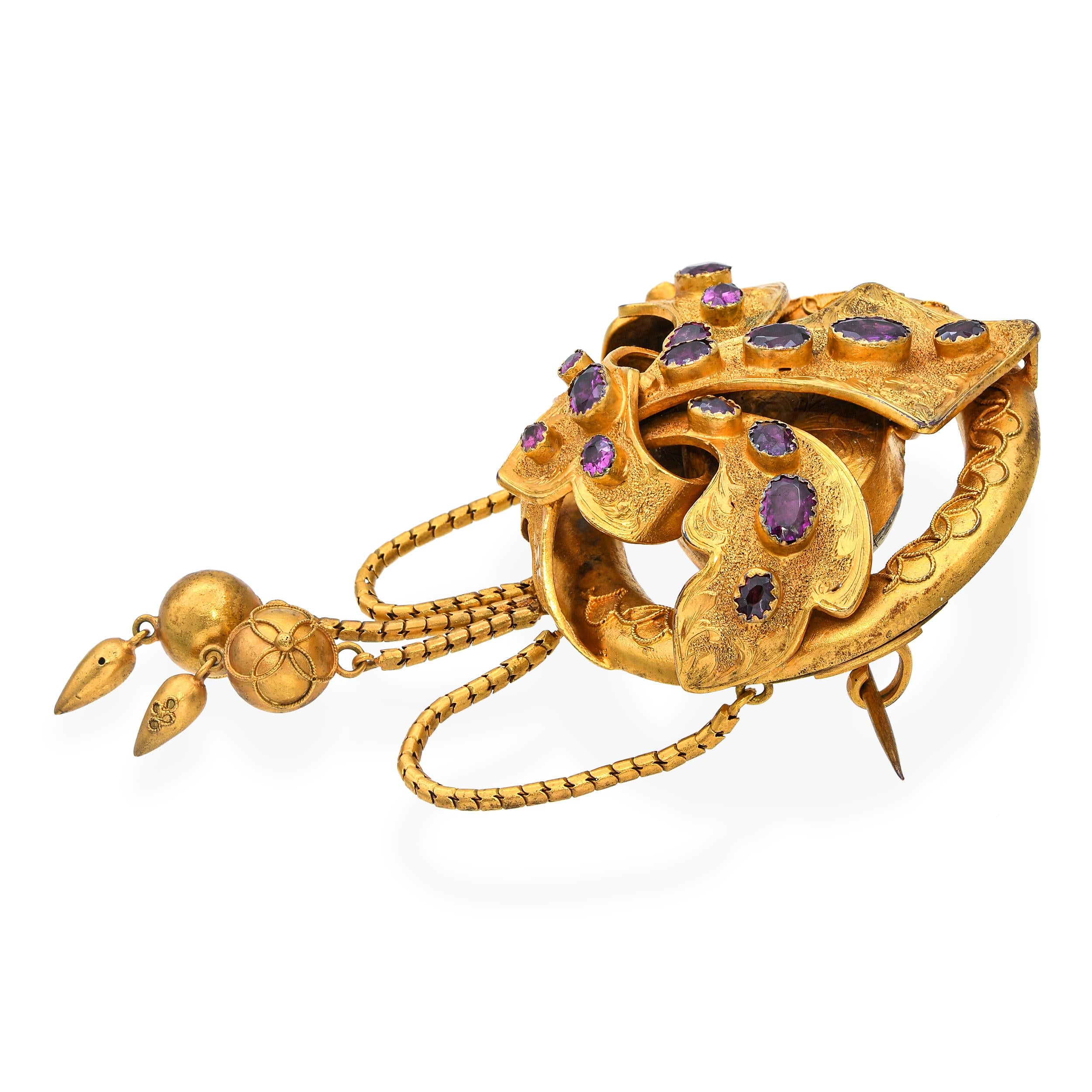 Antique Yellow Gold Filled Fleur-De-Lis Amethyst Mourning Brooch