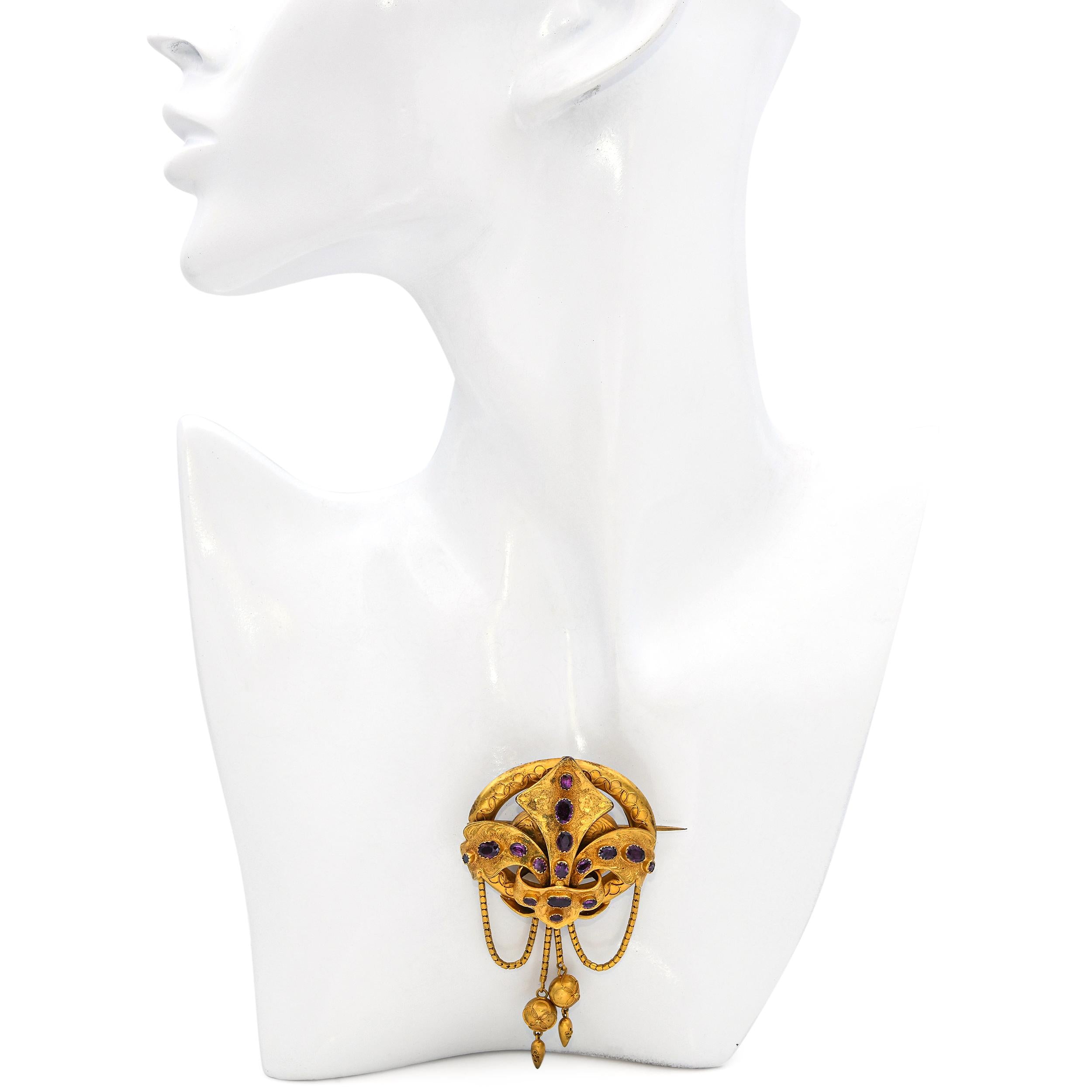 Antique Yellow Gold Filled Fleur-De-Lis Amethyst Mourning Brooch