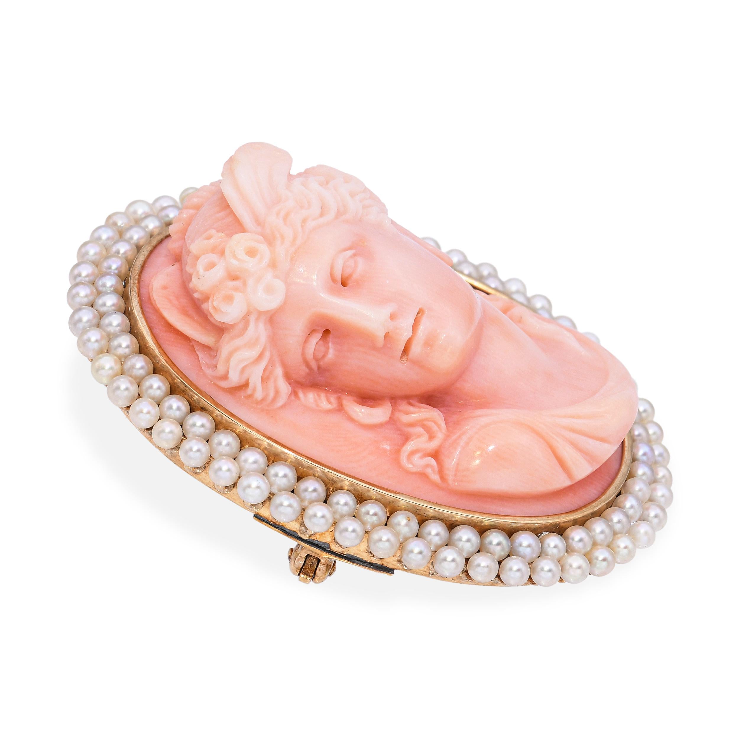 Antique Yellow Gold Coral Cameo and Pearl Pendant Brooch
