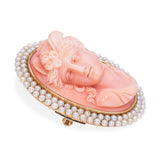 Antique Yellow Gold Coral Cameo and Pearl Pendant Brooch