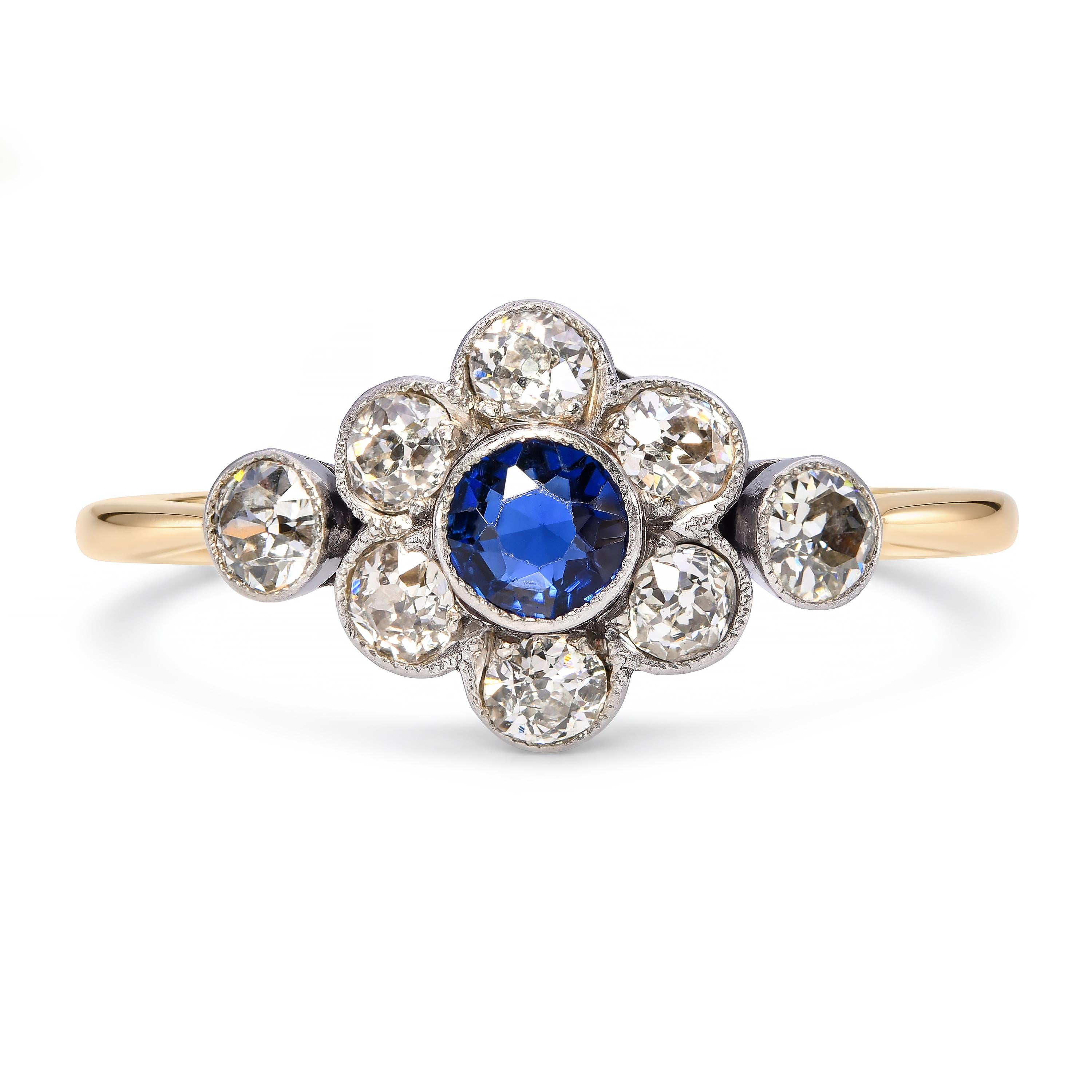 Antique Silver Topped 18k Yellow Gold Royal Blue Sapphire and Diamond Ring