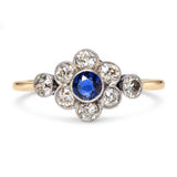 Antique Silver Topped 18k Yellow Gold Royal Blue Sapphire and Diamond Ring