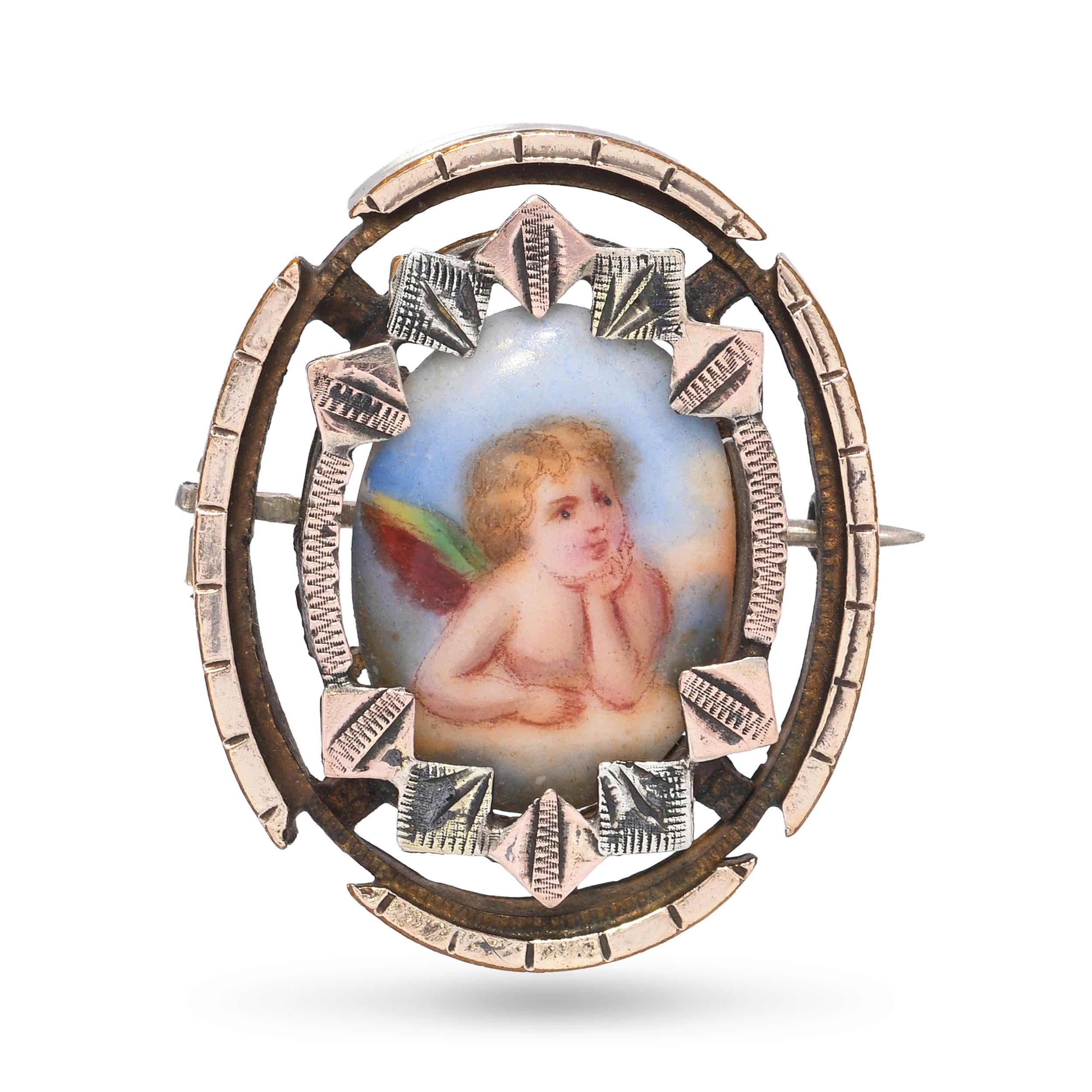 Antique Tri Tone Gold Hand Painted Cherub Brooch Pendant