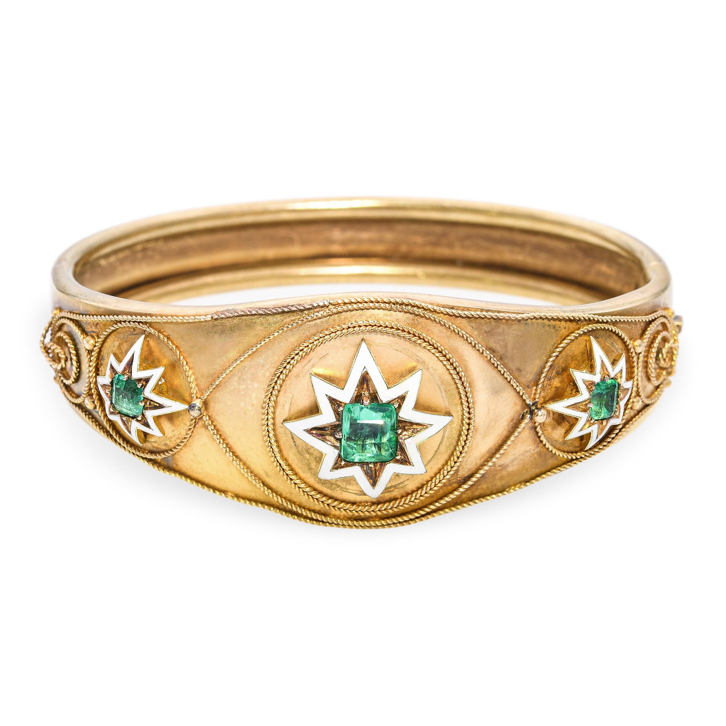 Antique Victorian 18K Yellow Gold Colombian Emerald and Enamel Star Bracelet