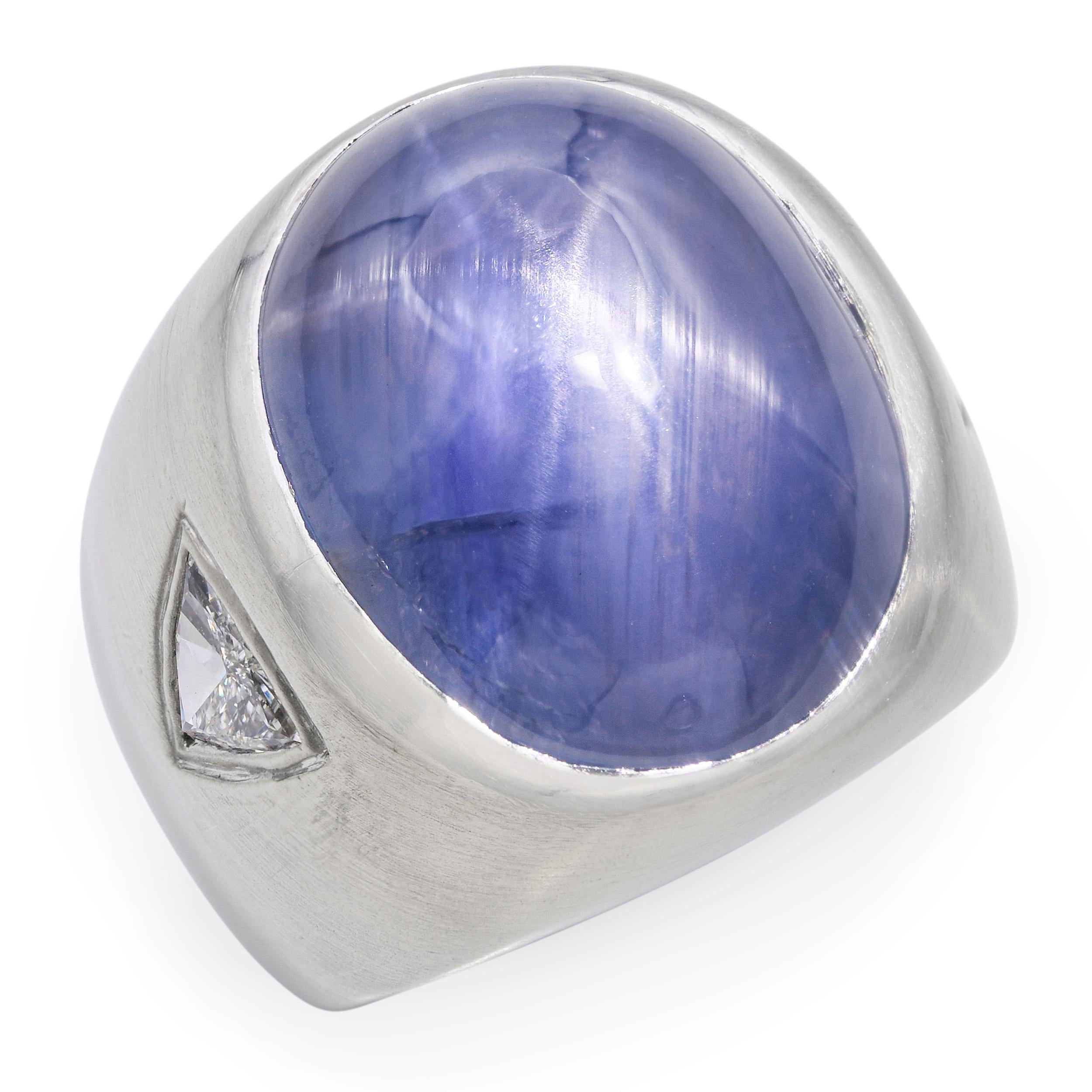 Vintage 14k White Gold GIA 31.95ct Star Sapphire and Diamond Men's Ring