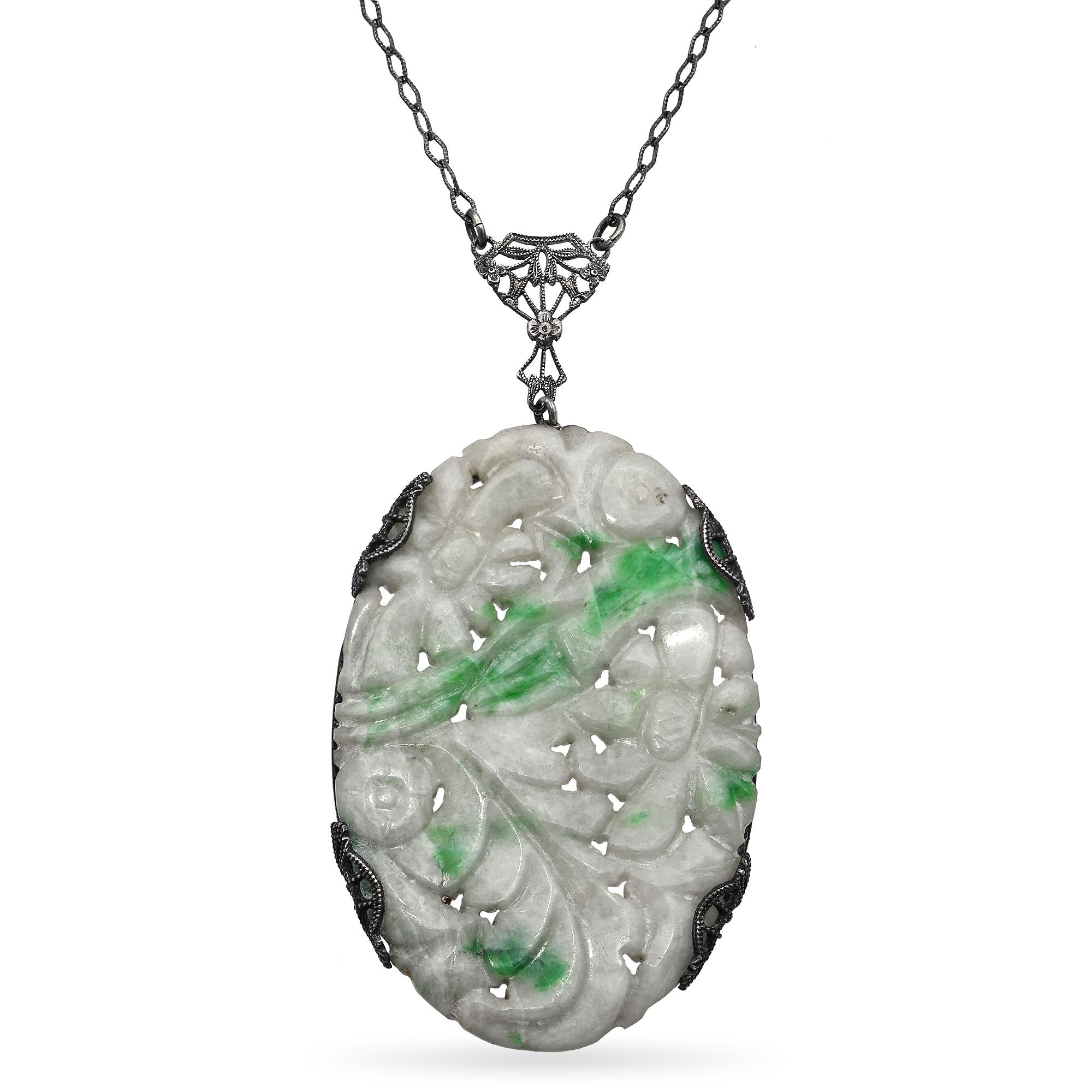 Antique Sterling Silver Carved Jadeite Floral Pendant Necklace