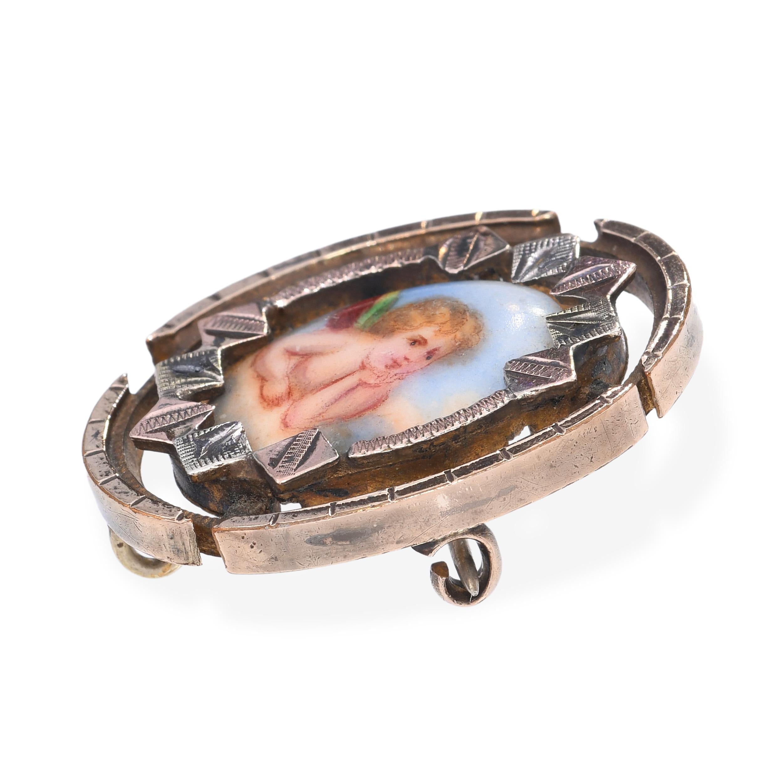 Antique Tri Tone Gold Hand Painted Cherub Brooch Pendant