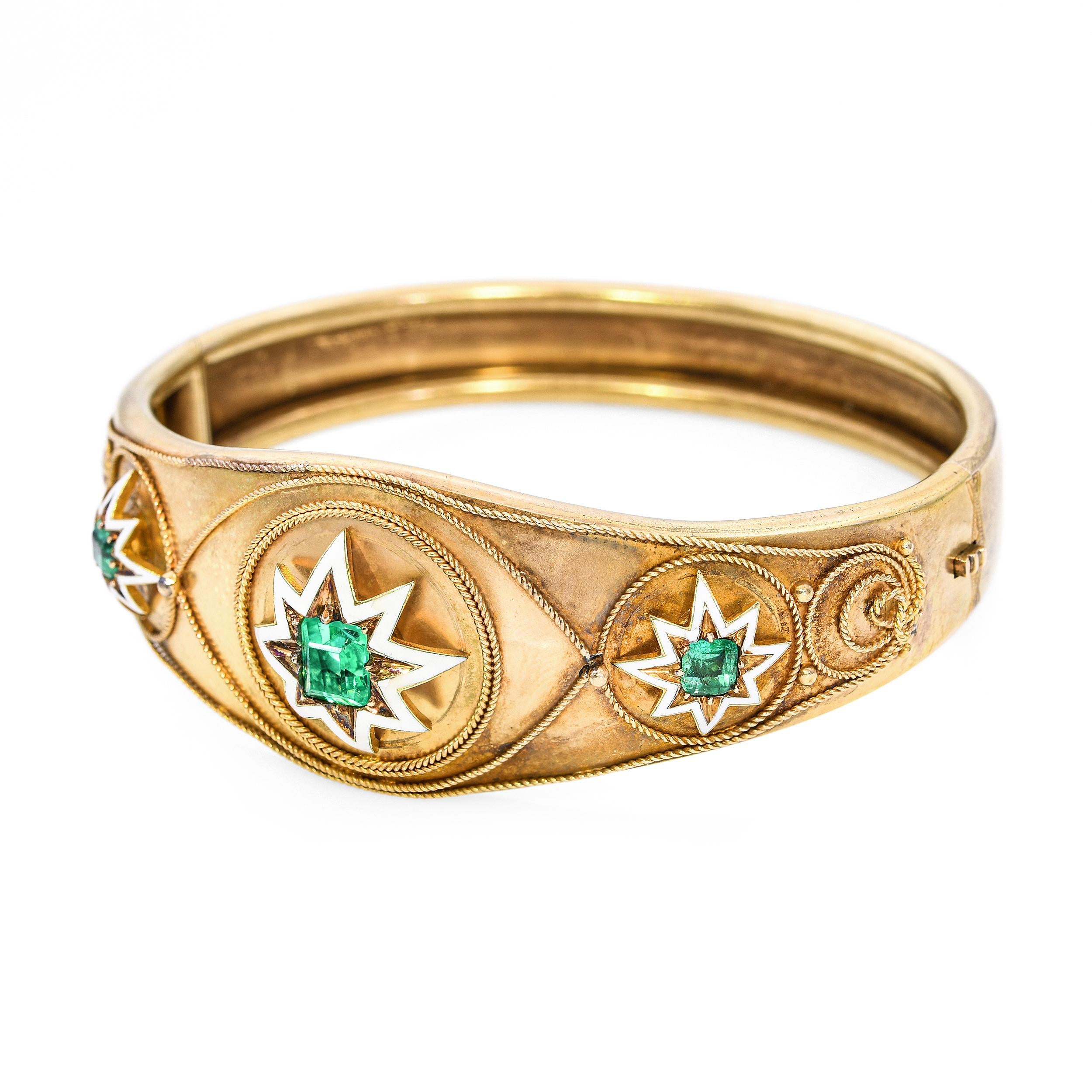 Antique Victorian 18K Yellow Gold Colombian Emerald and Enamel Star Bracelet
