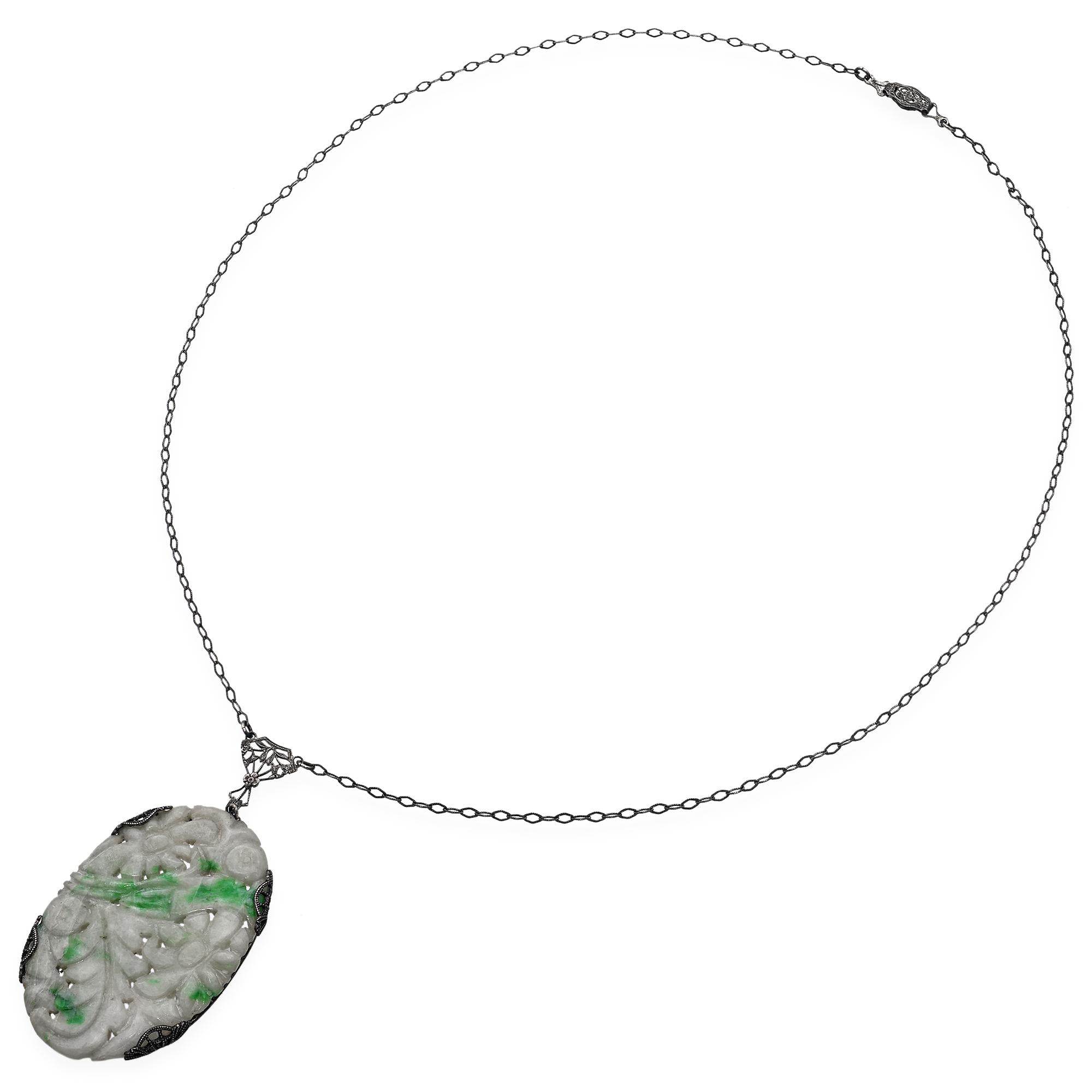 Antique Sterling Silver Carved Jadeite Floral Pendant Necklace