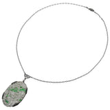 Antique Sterling Silver Carved Jadeite Floral Pendant Necklace