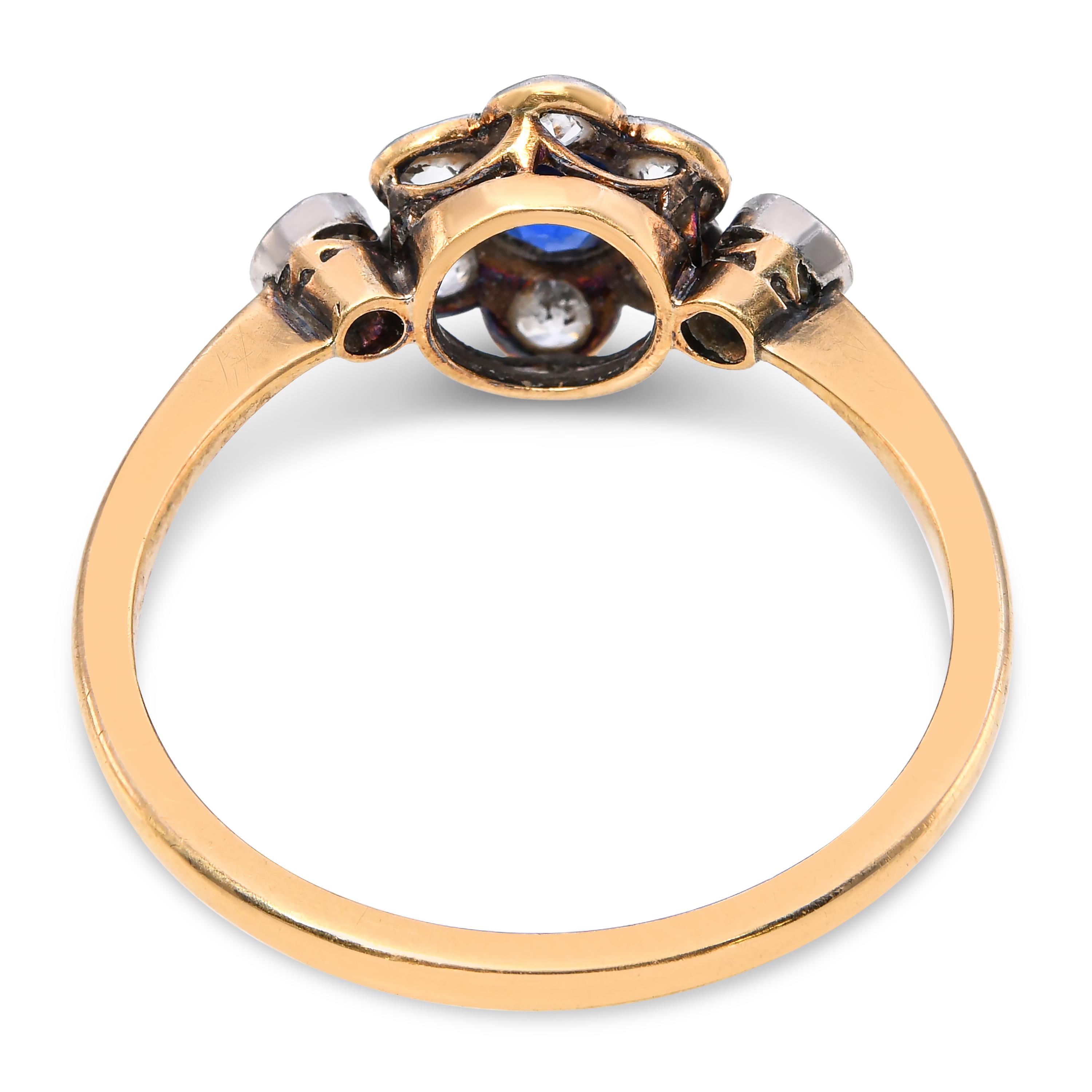 Antique Silver Topped 18k Yellow Gold Royal Blue Sapphire and Diamond Ring