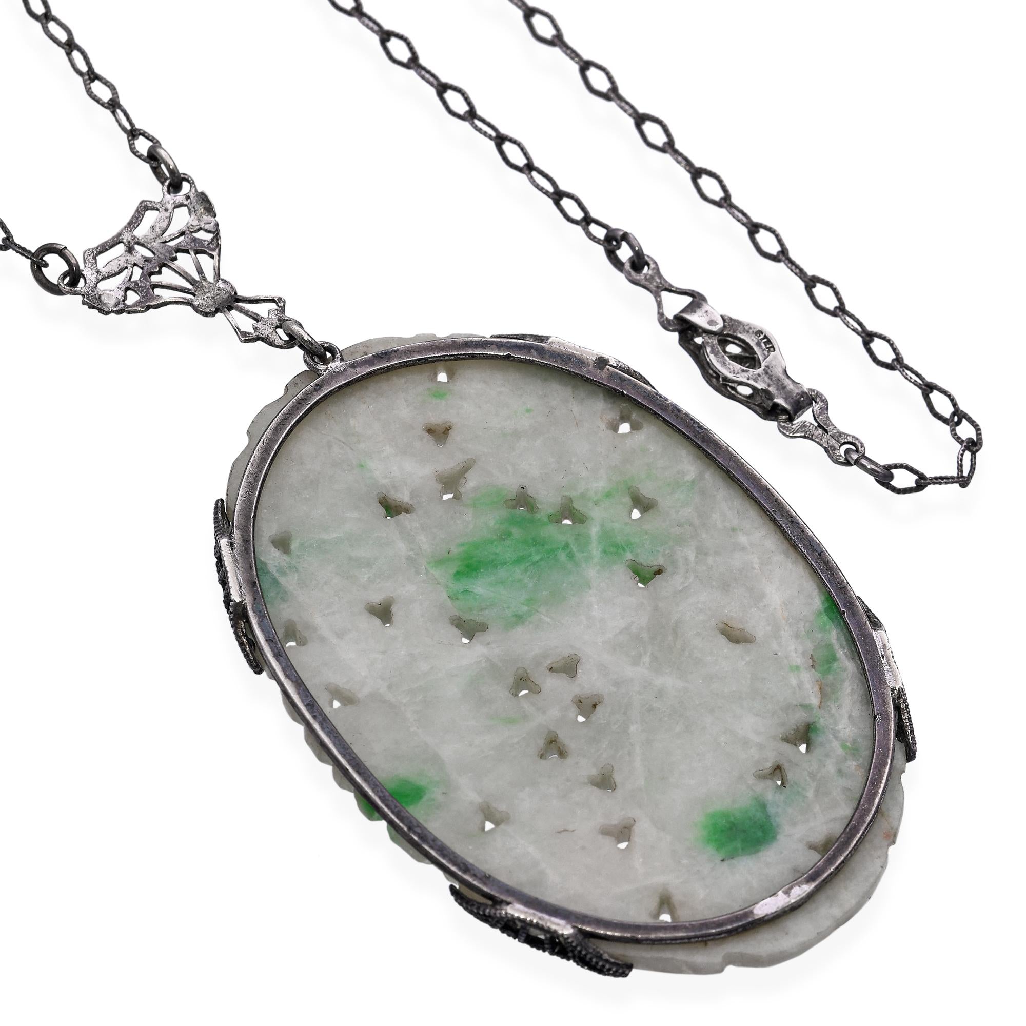 Antique Sterling Silver Carved Jadeite Floral Pendant Necklace