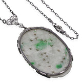 Antique Sterling Silver Carved Jadeite Floral Pendant Necklace