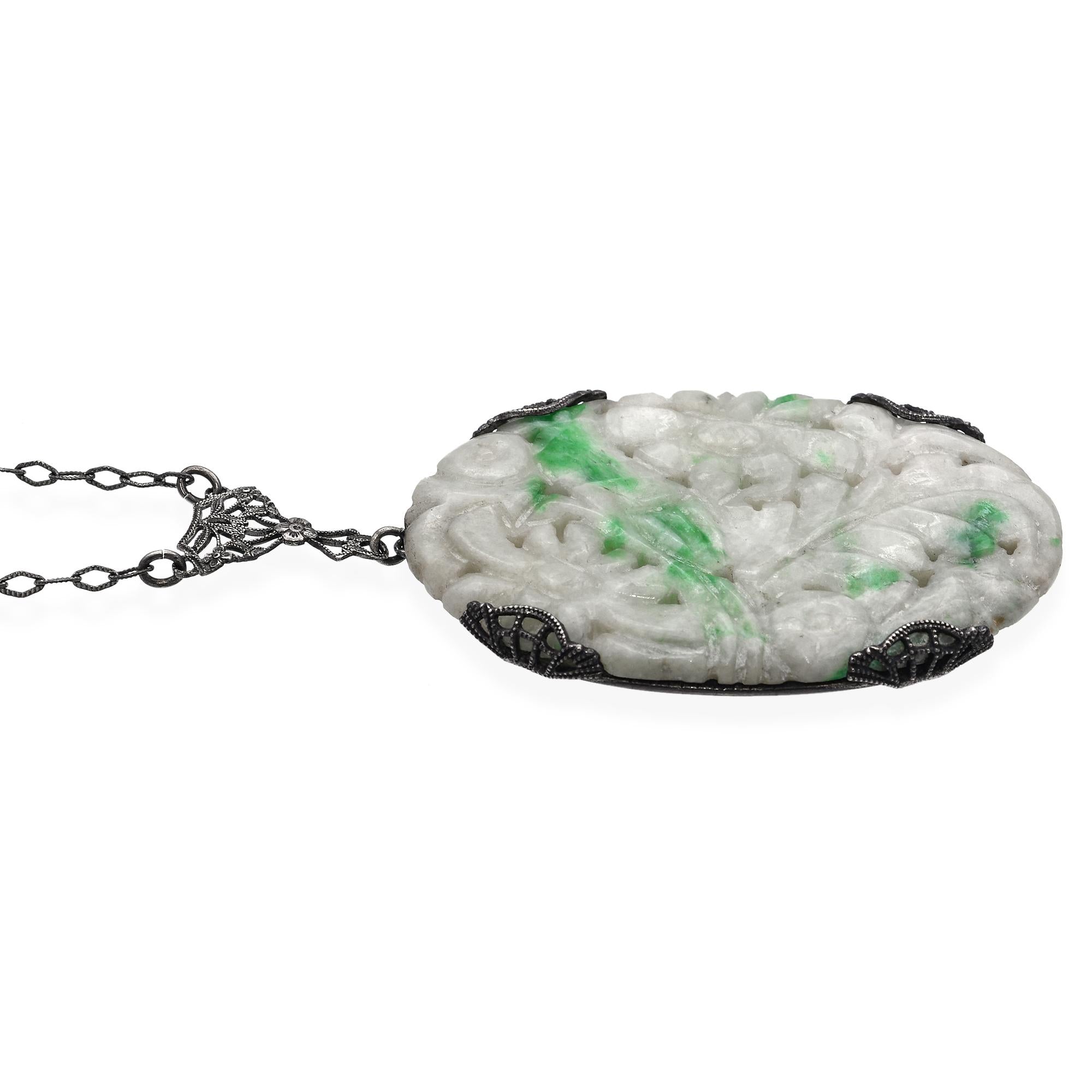 Antique Sterling Silver Carved Jadeite Floral Pendant Necklace