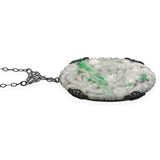 Antique Sterling Silver Carved Jadeite Floral Pendant Necklace