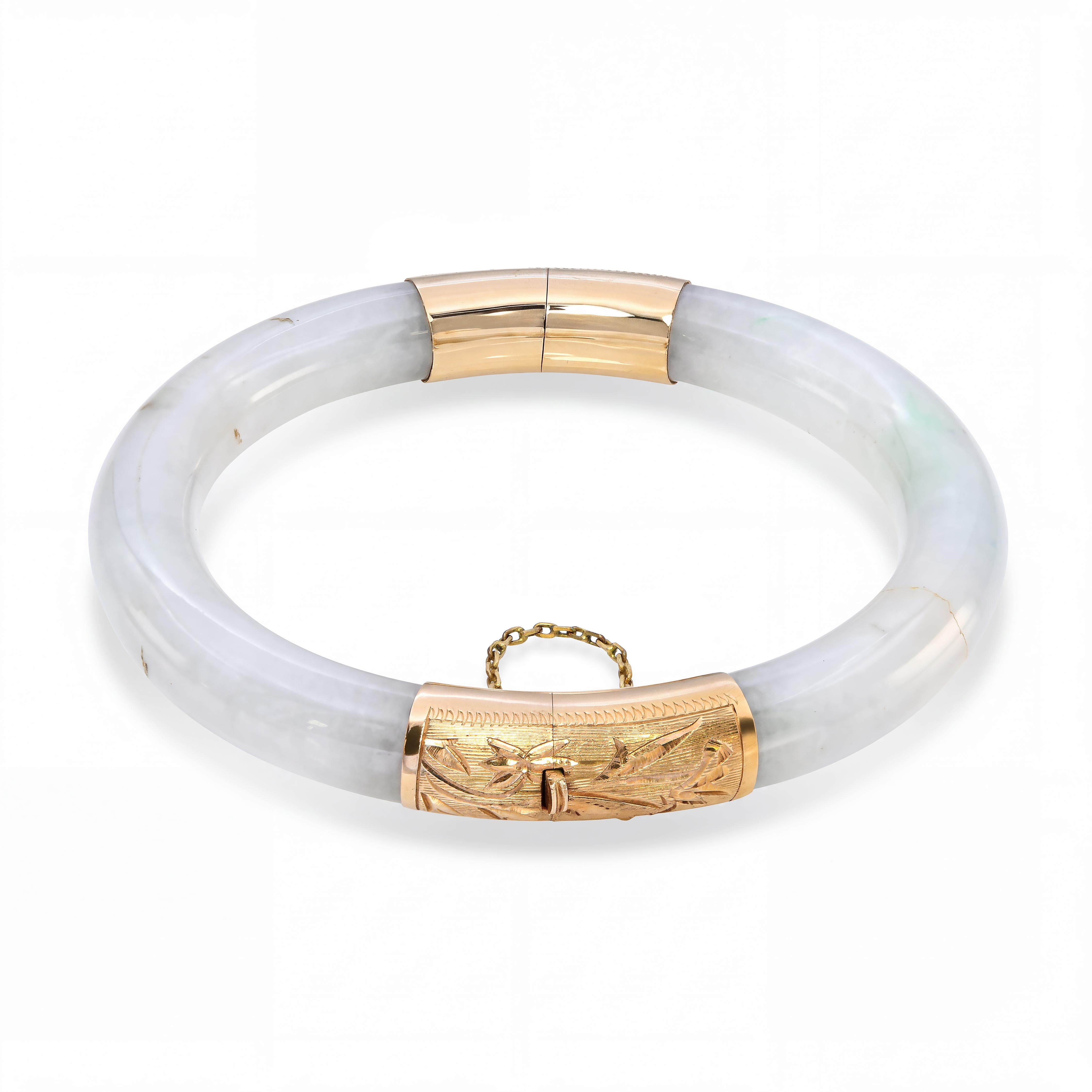 Vintage 14k Yellow Gold Variegated Bluish Green and White Jadeite Jade Bangle