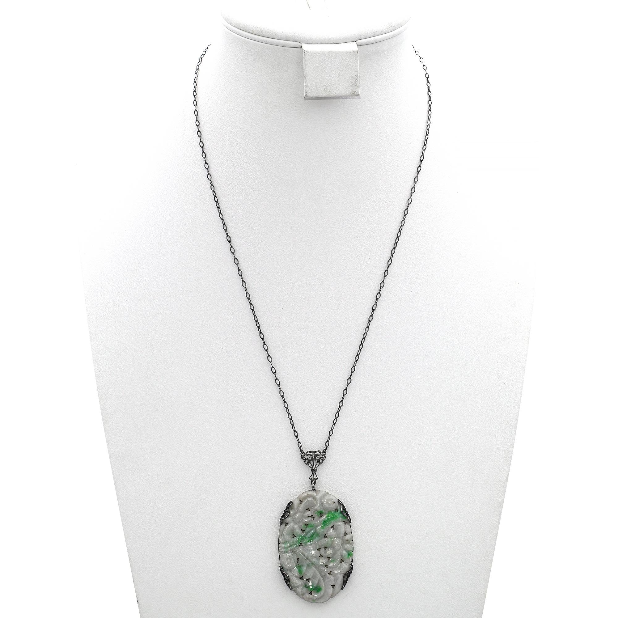 Antique Sterling Silver Carved Jadeite Floral Pendant Necklace