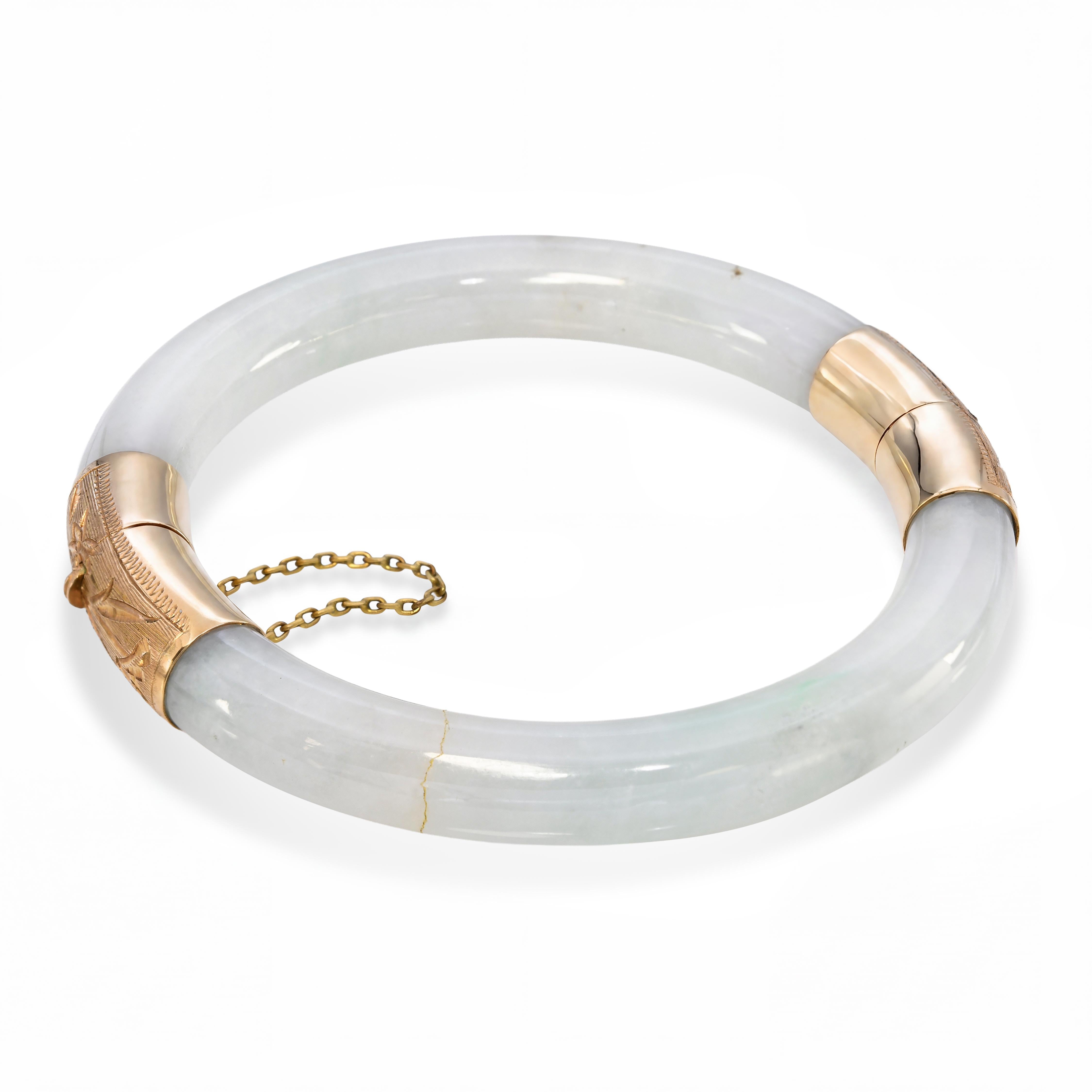 Vintage 14k Yellow Gold Variegated Bluish Green and White Jadeite Jade Bangle