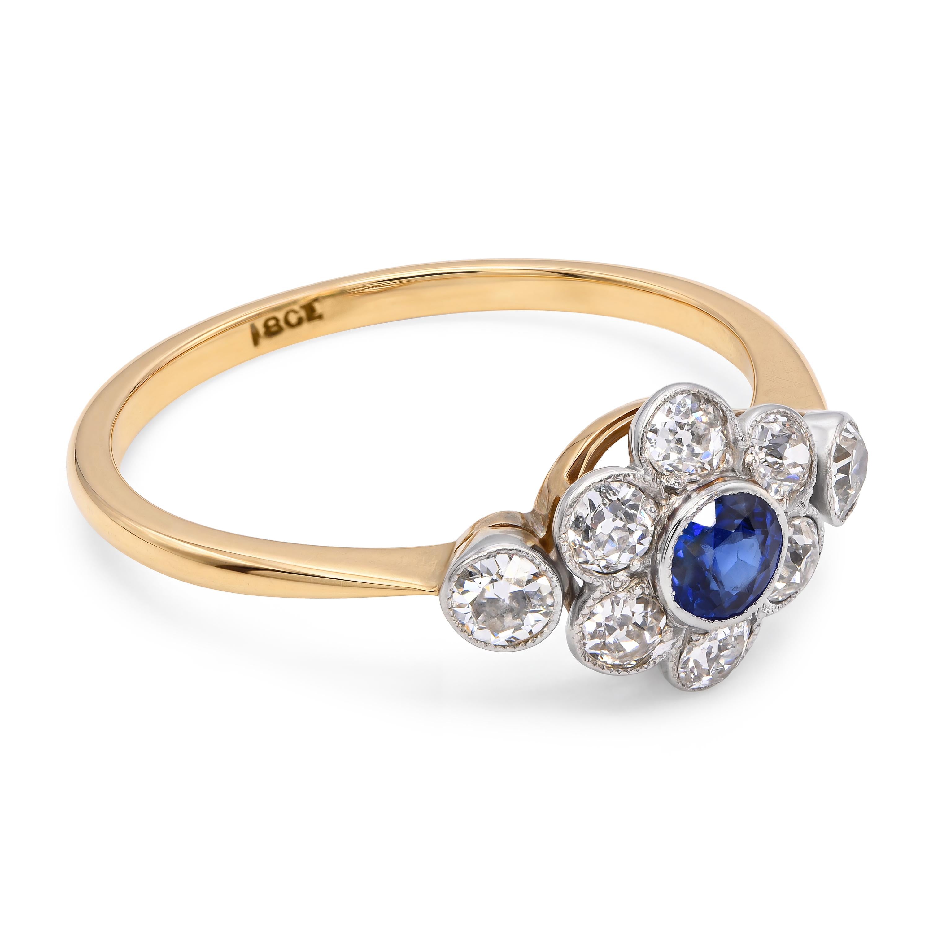 Antique Silver Topped 18k Yellow Gold Royal Blue Sapphire and Diamond Ring