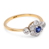 Antique Silver Topped 18k Yellow Gold Royal Blue Sapphire and Diamond Ring