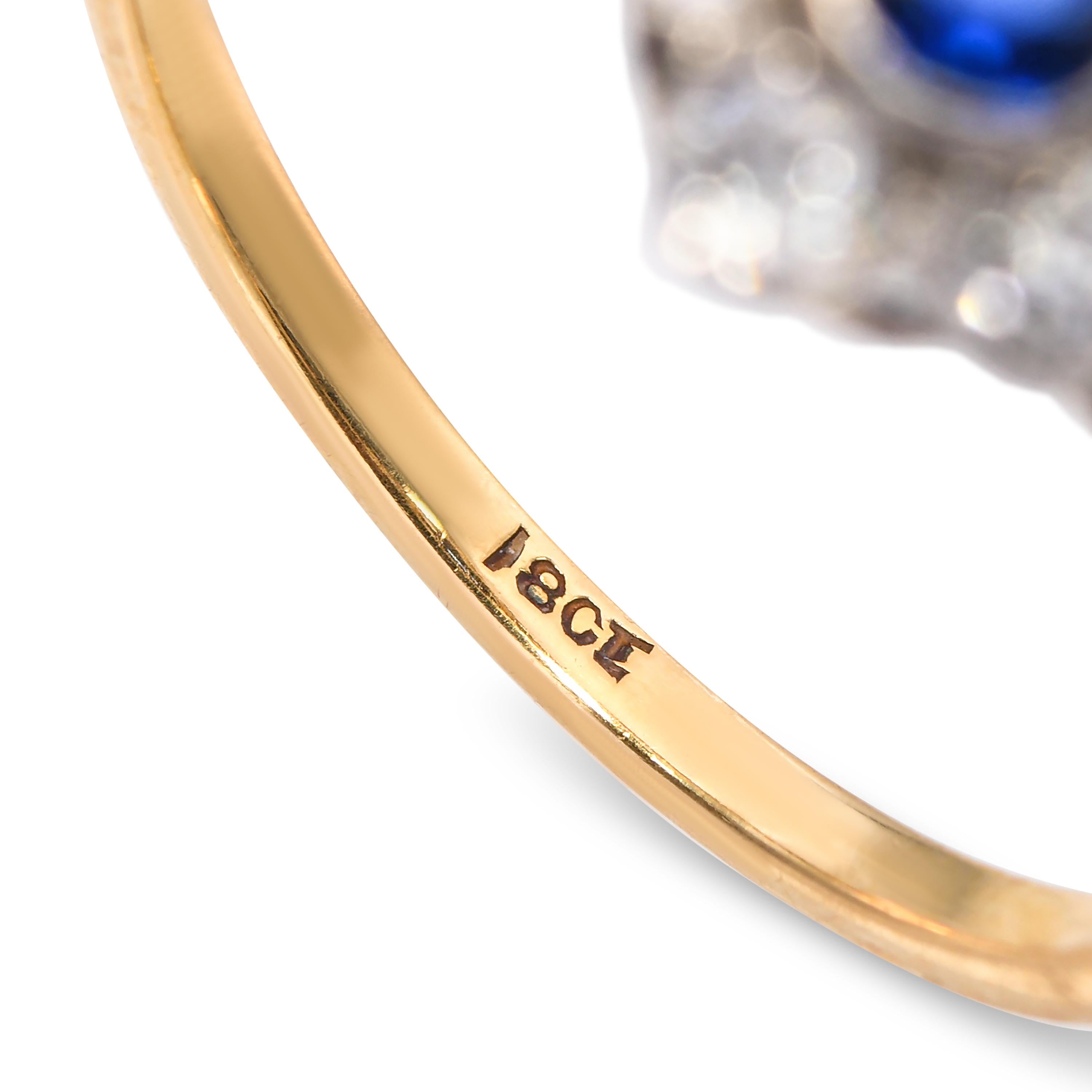 Antique Silver Topped 18k Yellow Gold Royal Blue Sapphire and Diamond Ring