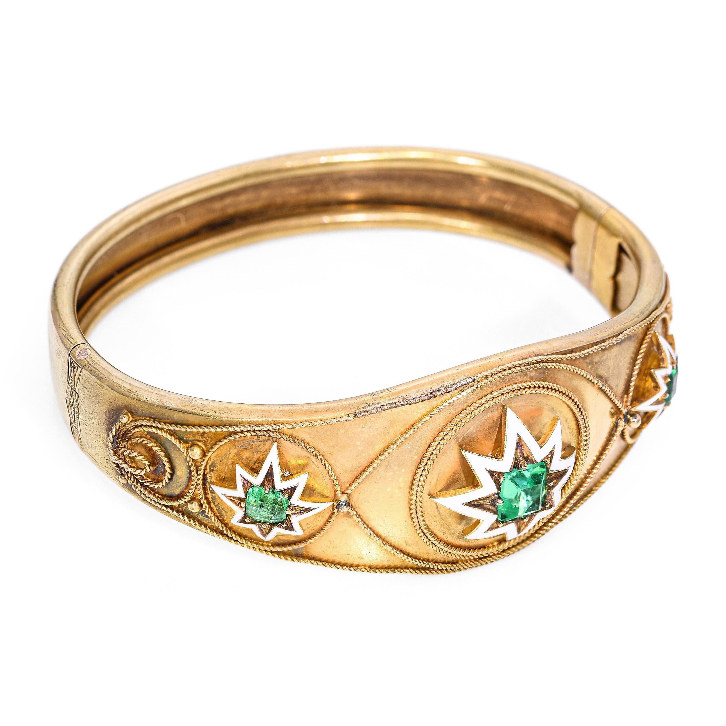 Antique Victorian 18K Yellow Gold Colombian Emerald and Enamel Star Bracelet