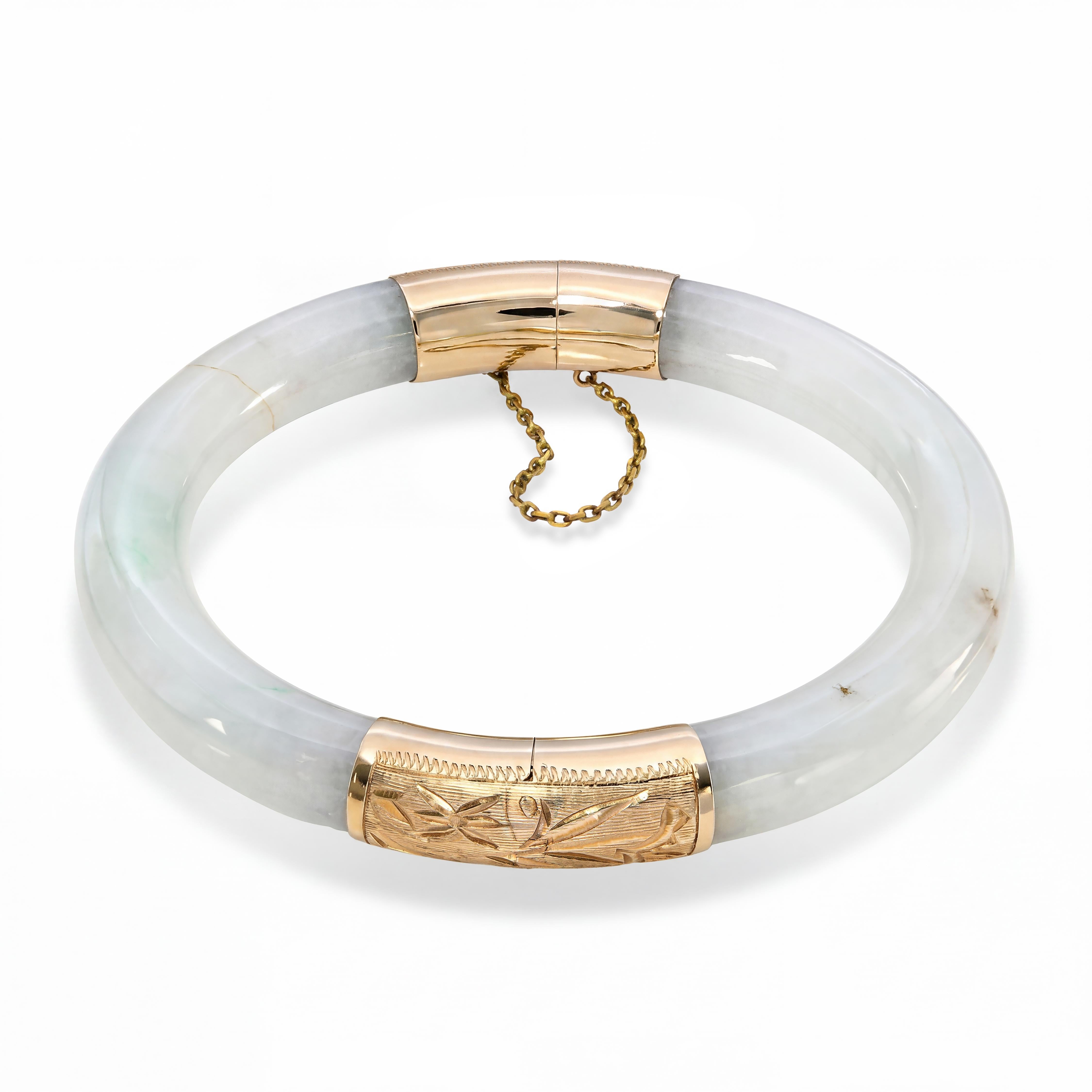 Vintage 14k Yellow Gold Variegated Bluish Green and White Jadeite Jade Bangle